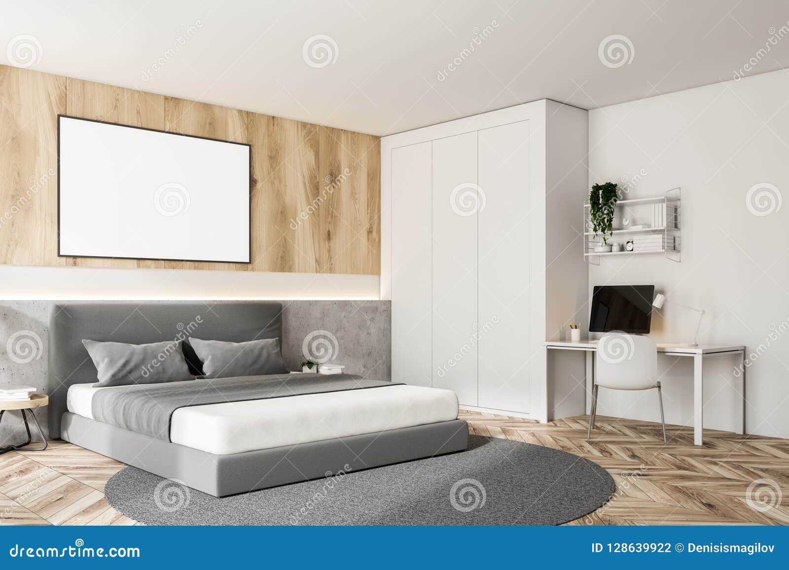 Wooden And White Bedroom With Home Office Stock Illustration