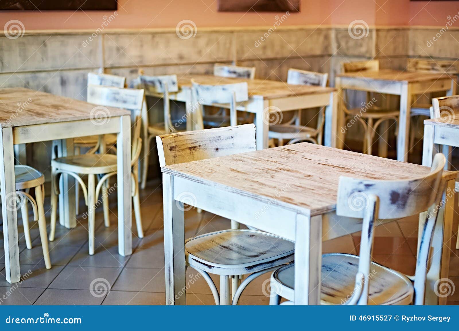 Wooden White Tables In A Retro Cafe Stock Image Image Of Aged