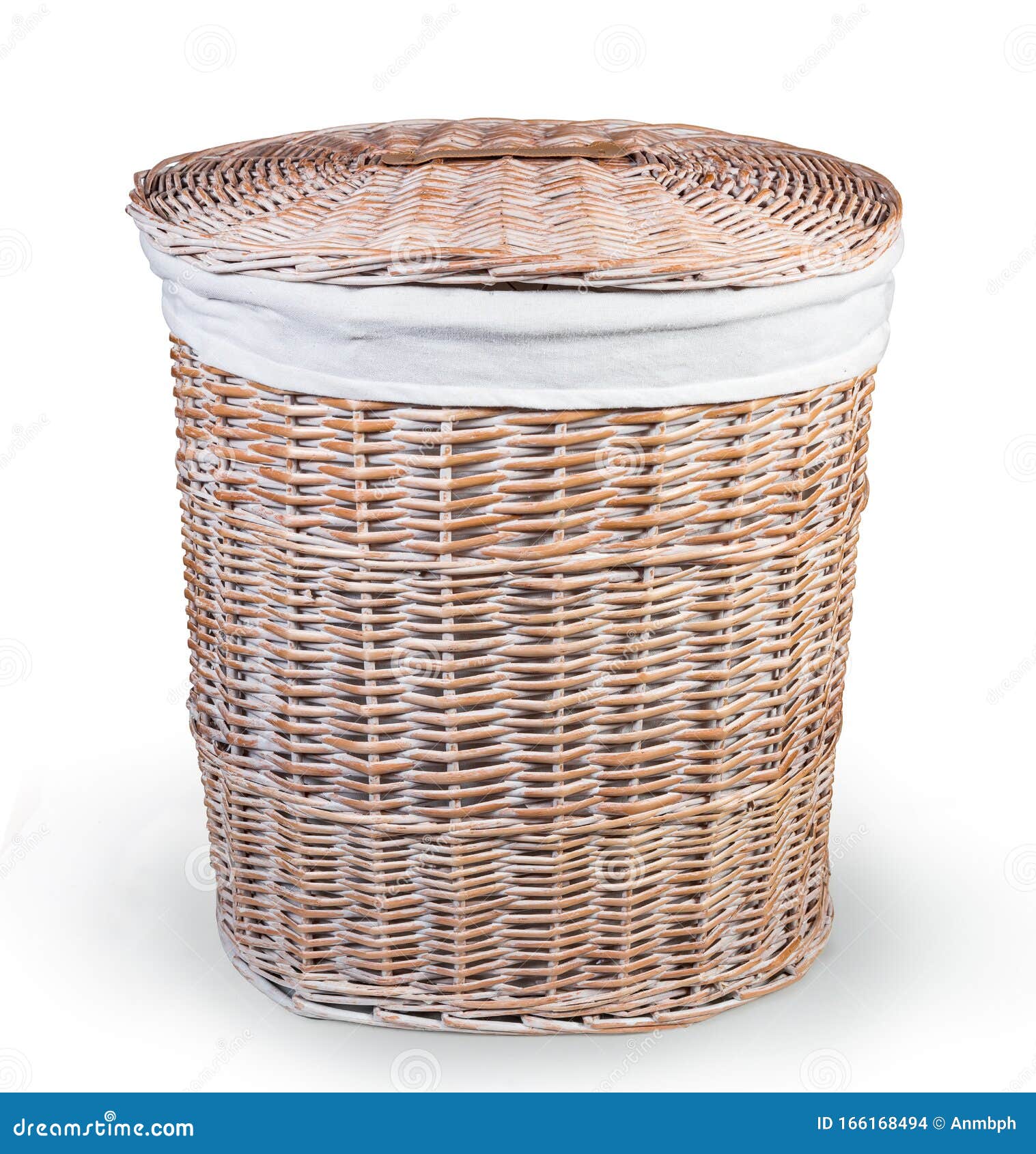 Wooden Wicker Laundry Basket with Closed Lid on White Background Stock