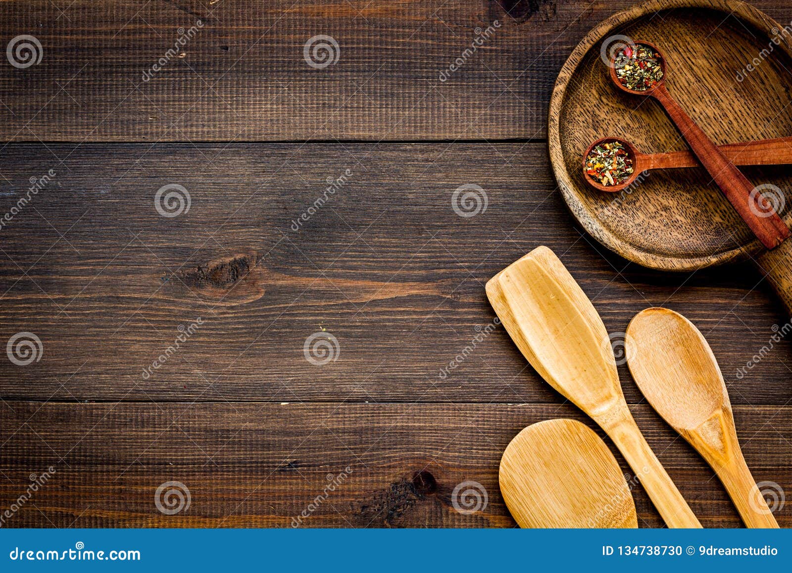 Download Woodenware Set With Pan, Spoons On Wooden Background Top View Mock Up Stock Photo - Image of ...