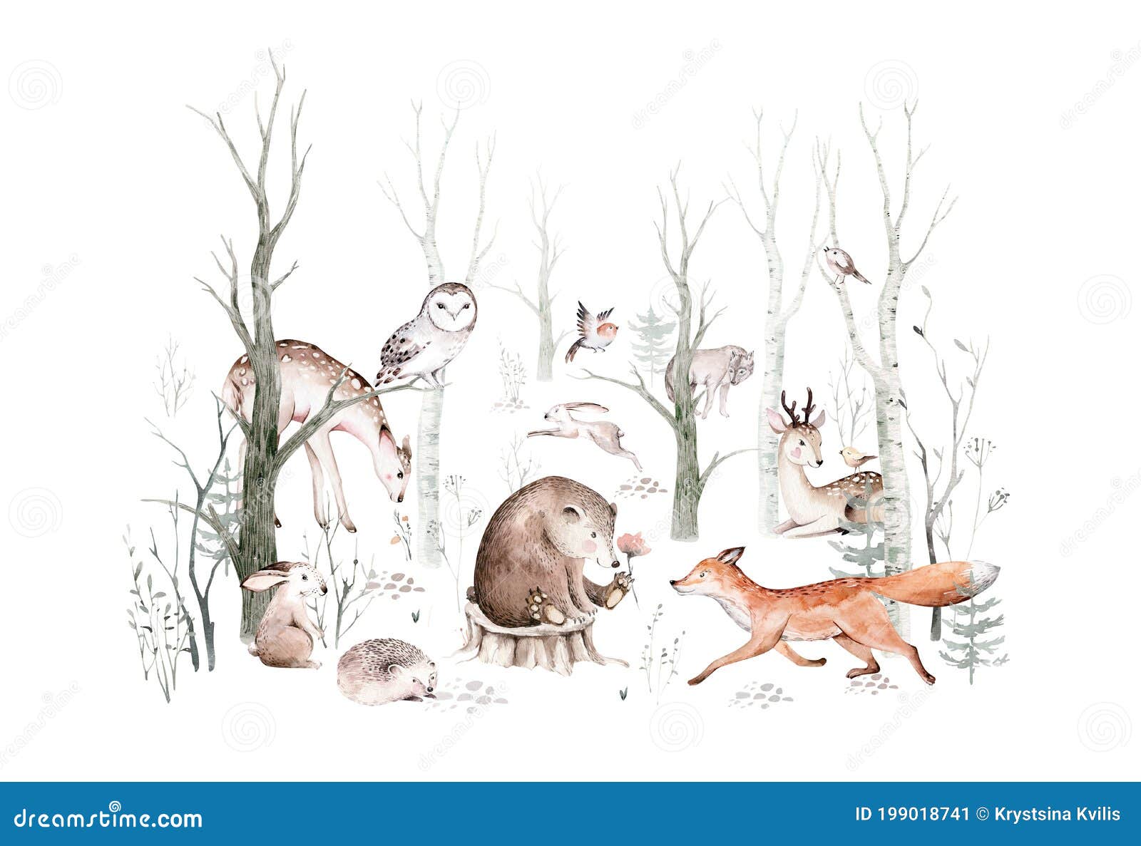 woodland animals set. owl, hedgehog, fox and butterfly, bunny rabbit set of forest squirrel and chipmunk, bear and bird