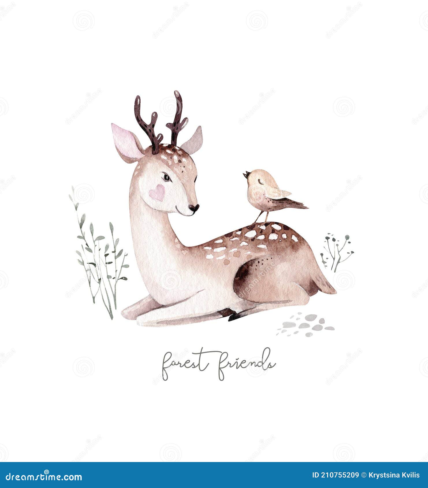 woodland watercolor cute animals baby deer. scandinavian cartoon forest nursery poster .  charecter