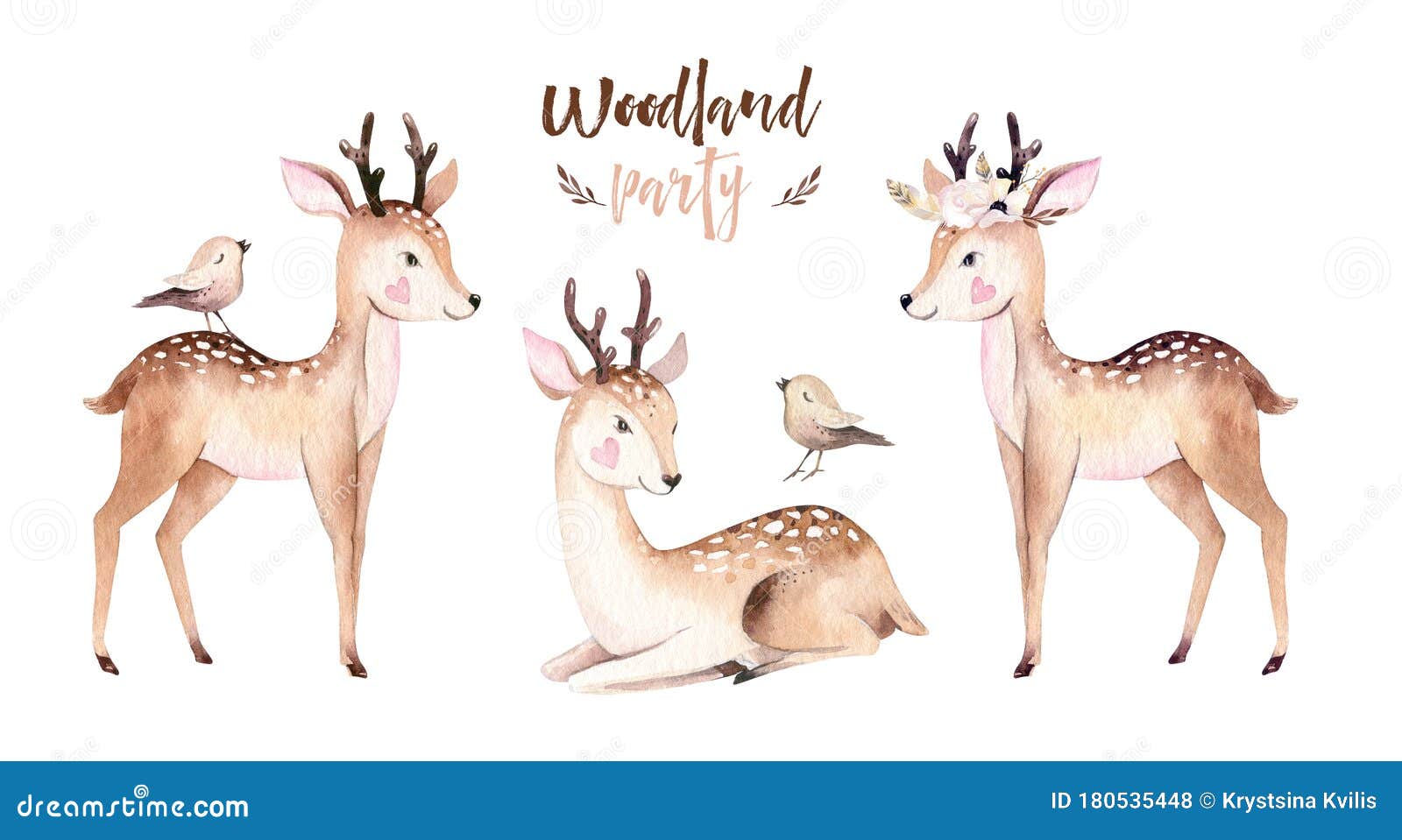 woodland watercolor cute animals baby deer. scandinavian cartoon forest nursery poster .  charecter