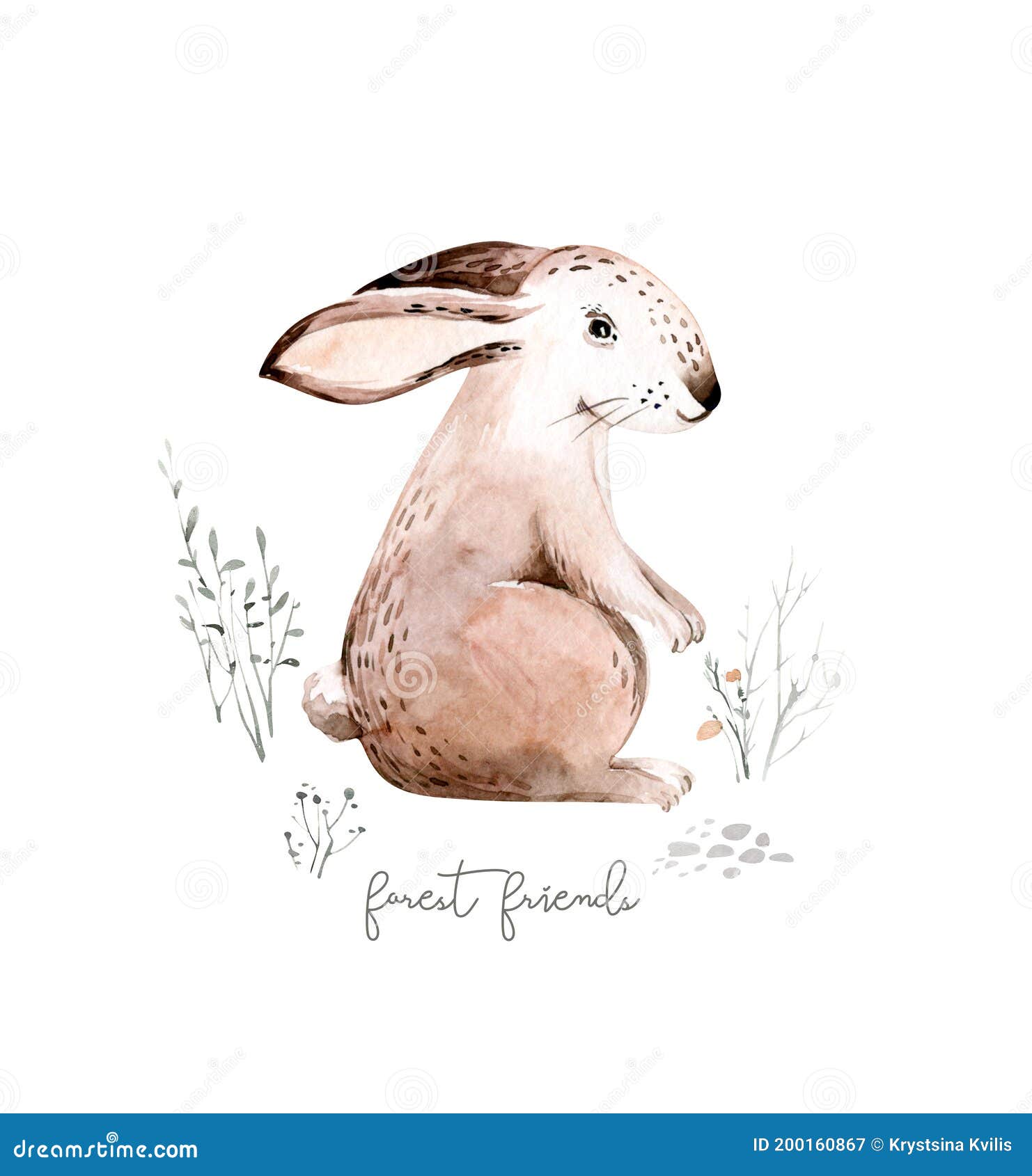 woodland watercolor cute animals baby rabbit. nursery bunny scandinavian hare on forest nursery poster . 