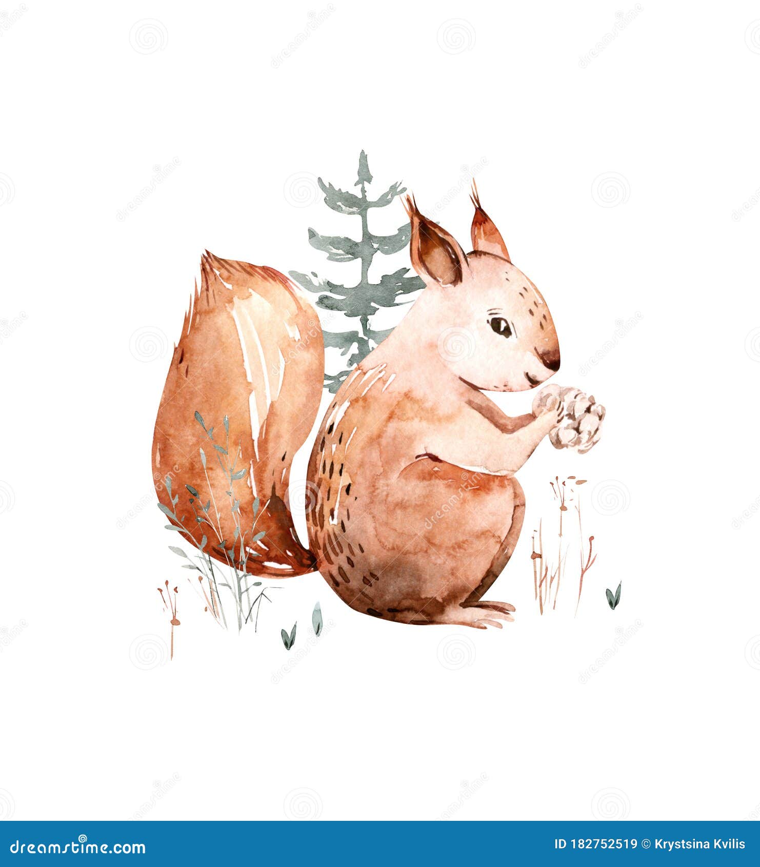 woodland watercolor cute animals baby squirrel . scandinavian squirrel forest nursery poster .  charecter