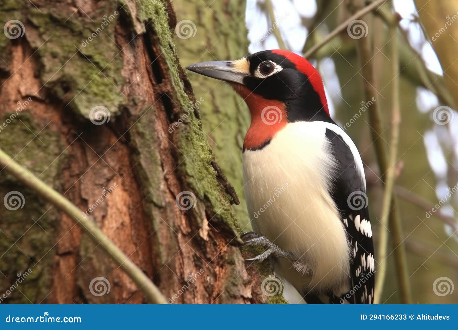 Woodpecker Tapping on Tree Bark, Producing Rhythmic Sounds Stock Image
