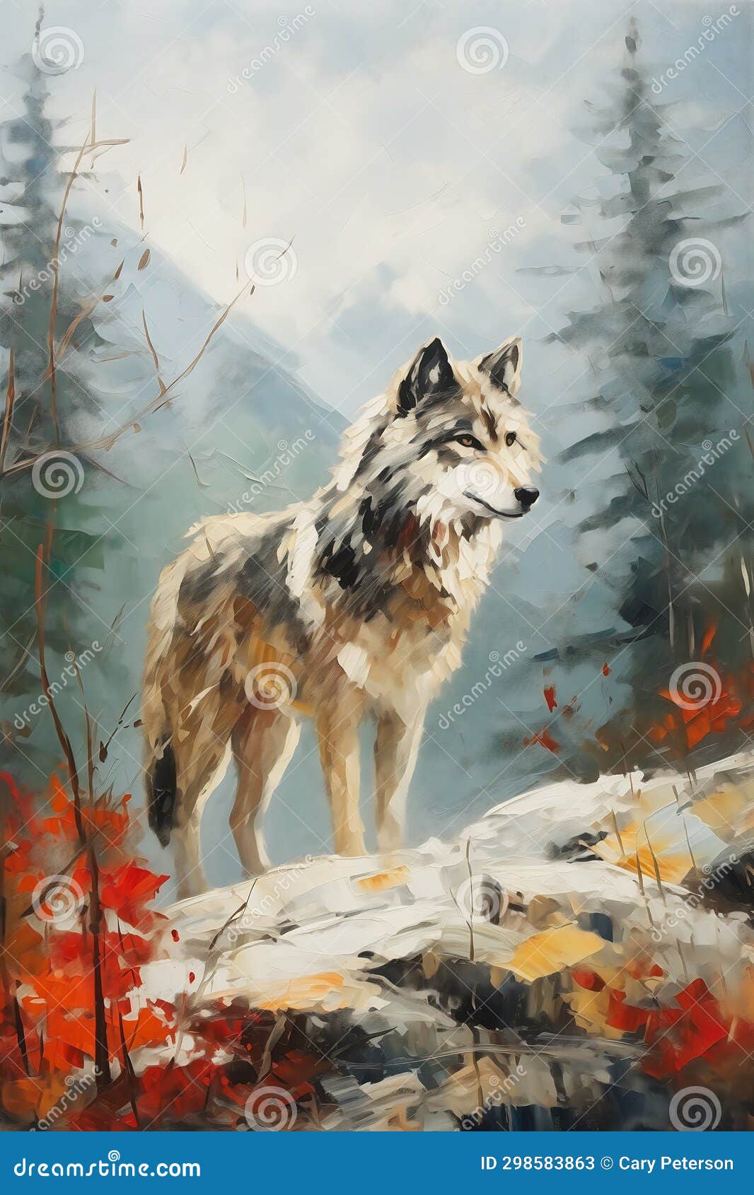 into the woods: a majestic wolf's profile in deeply painted oil