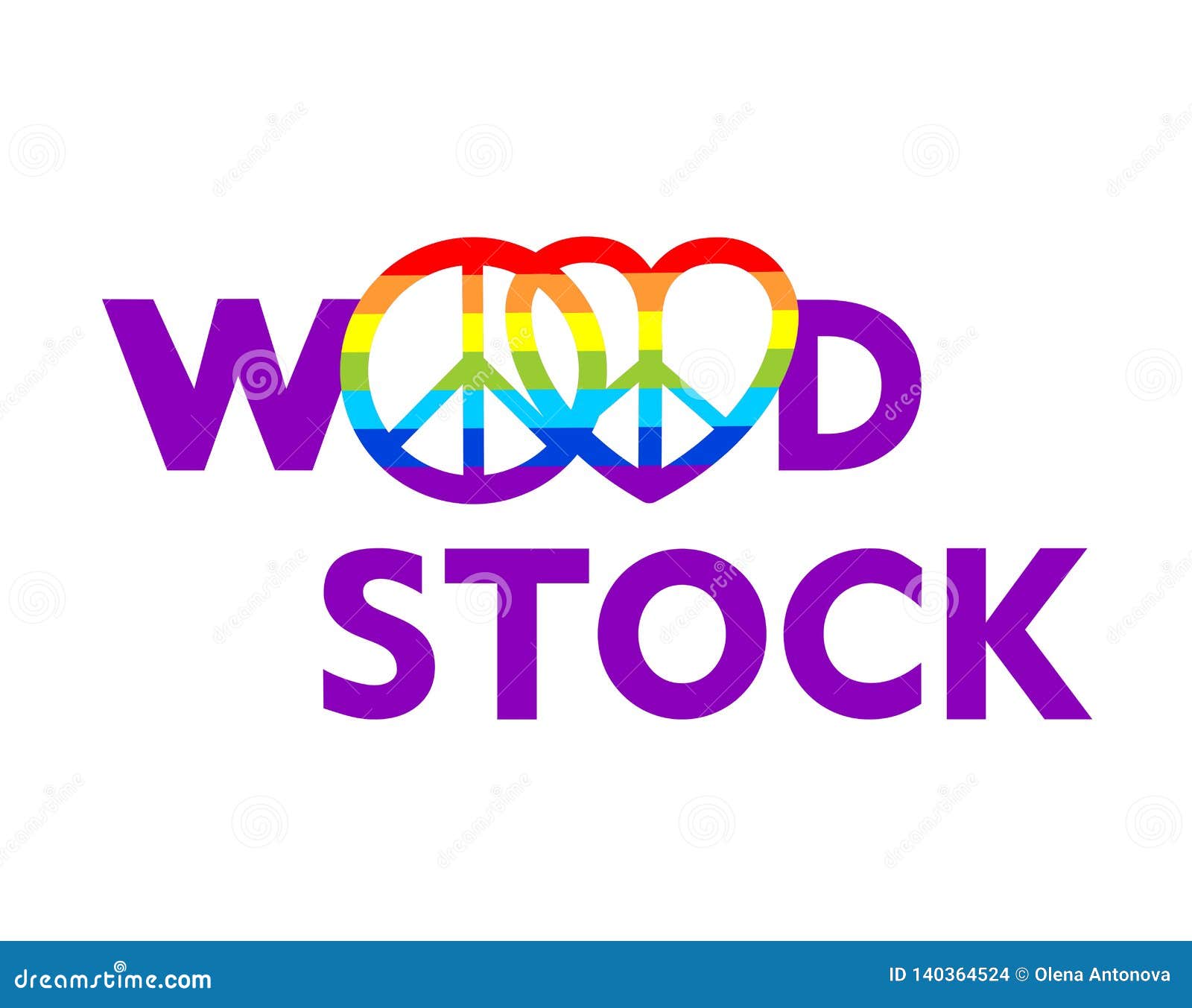woodstock lettering and hippie peace s with rainbow for t shirt print, party poster and other  on white background