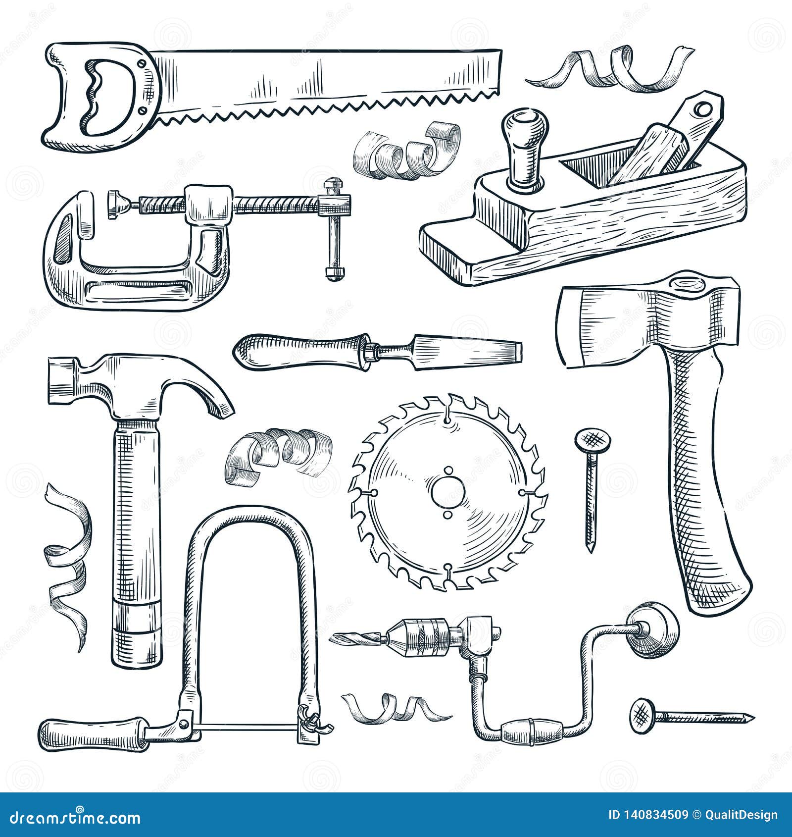 woodwork and carpentry tools set. vector sketch illustration