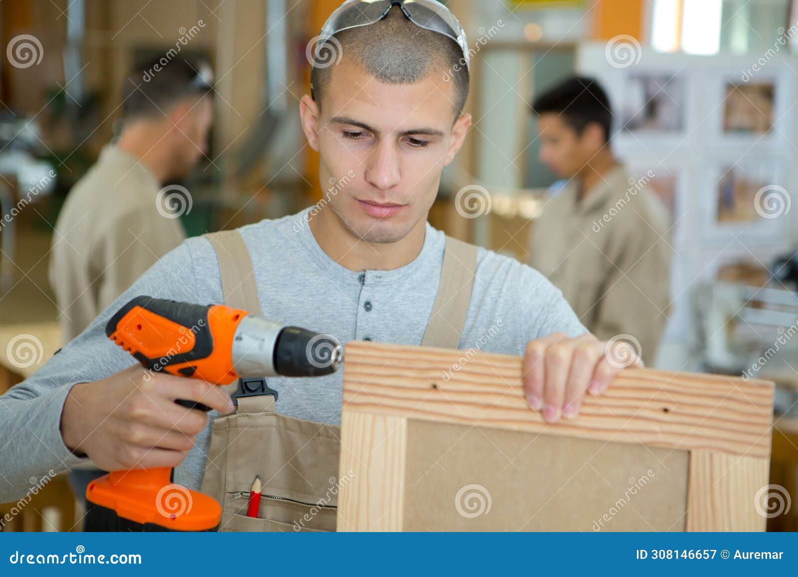 Woodworking Apprentice Assembling Wood Frame Stock Image Image of