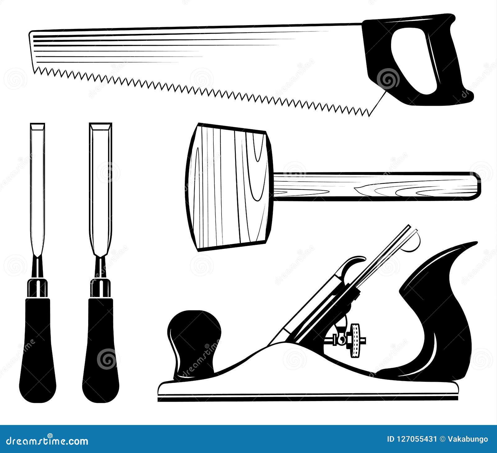 woodworking and carpentry tools set . mallet, jack plane, chisel, saw.