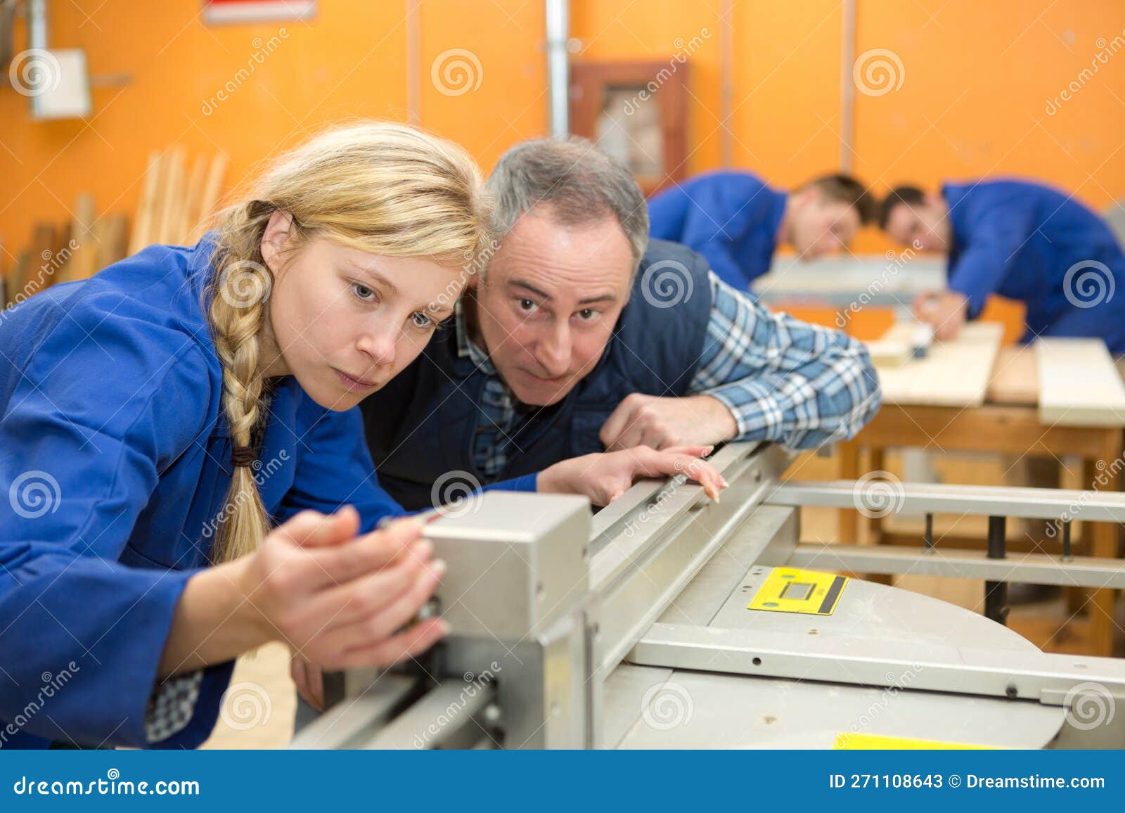 Woodworking Female Apprentice Inspecting Workbench Stock Image Image