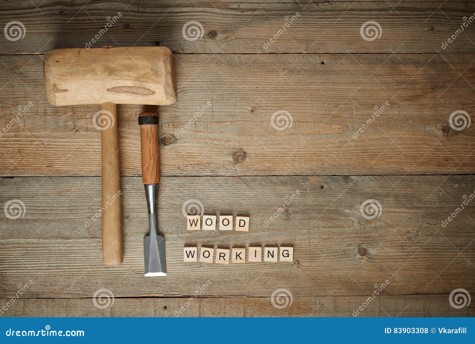Woodworking Word with Mallet and Chisel on Wooden Workbench, Top Stock Photo Image of sawdust