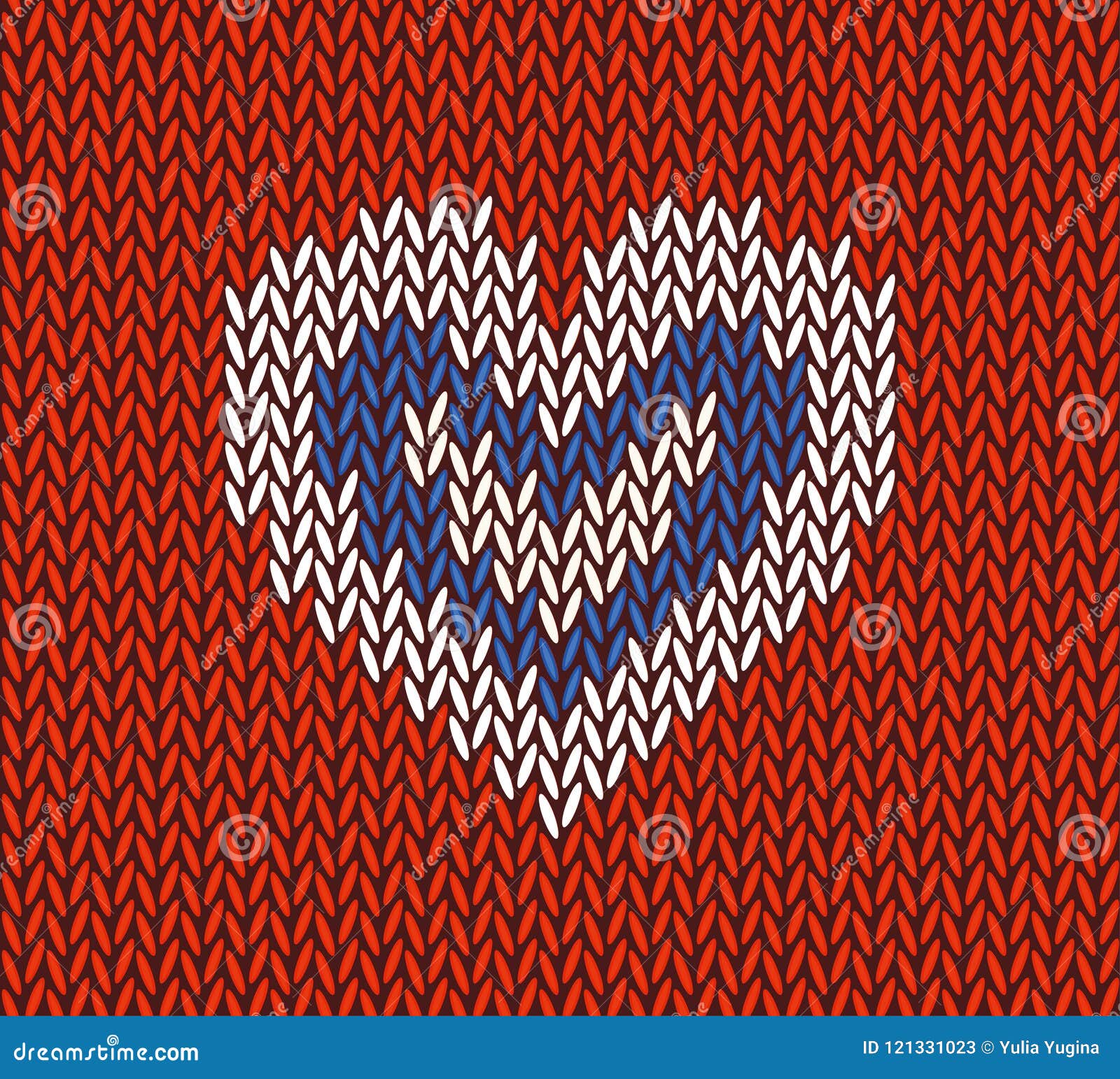 wool knitted pattern with white heart on red background.