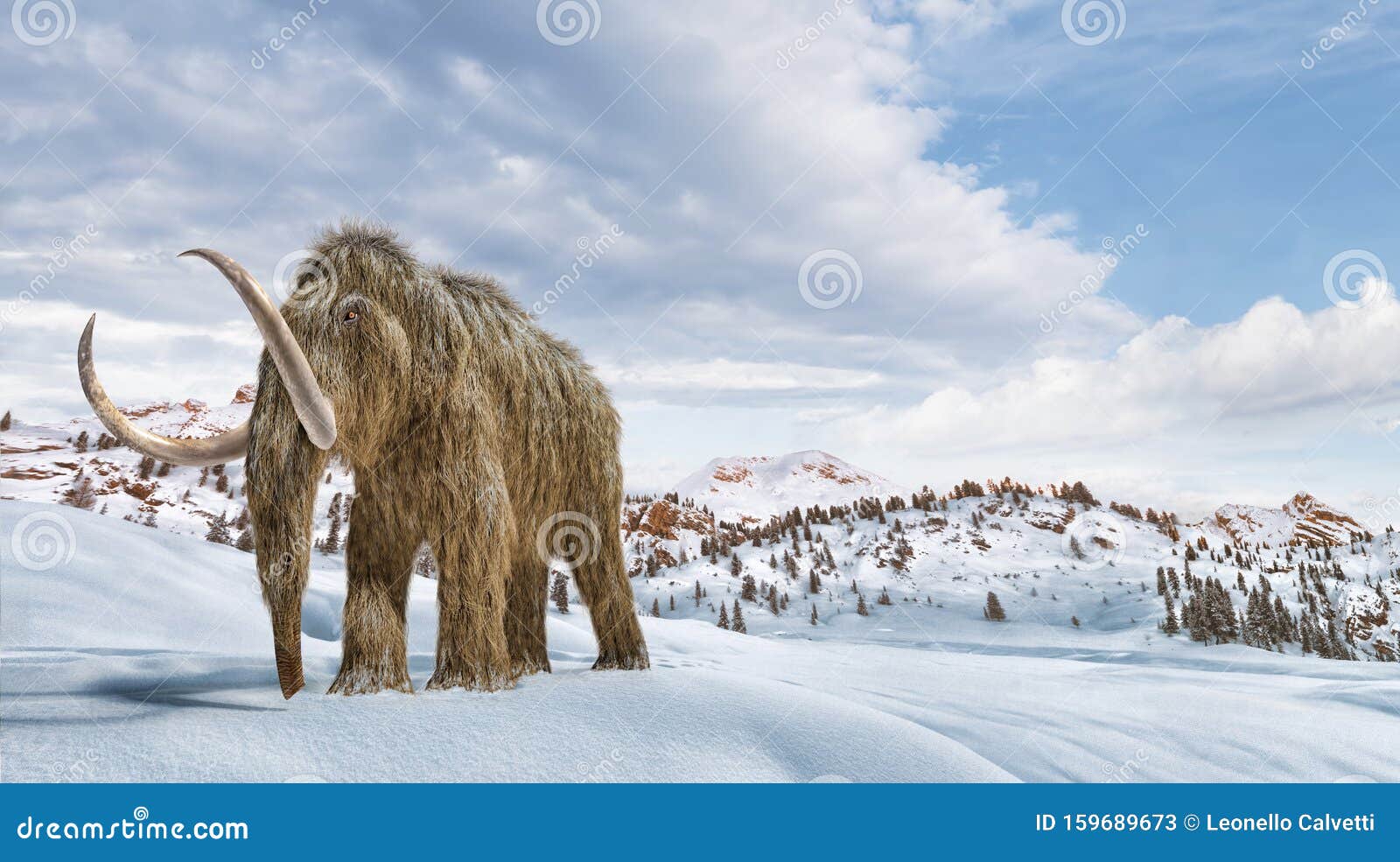 woolly mammoth scene in environment with snow. realistic 3d 