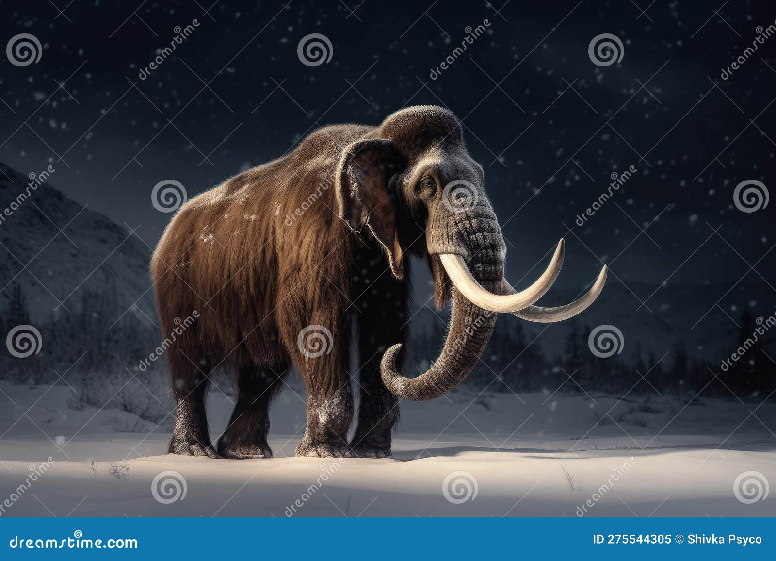 woolly mammoth in the snow at night generative ai