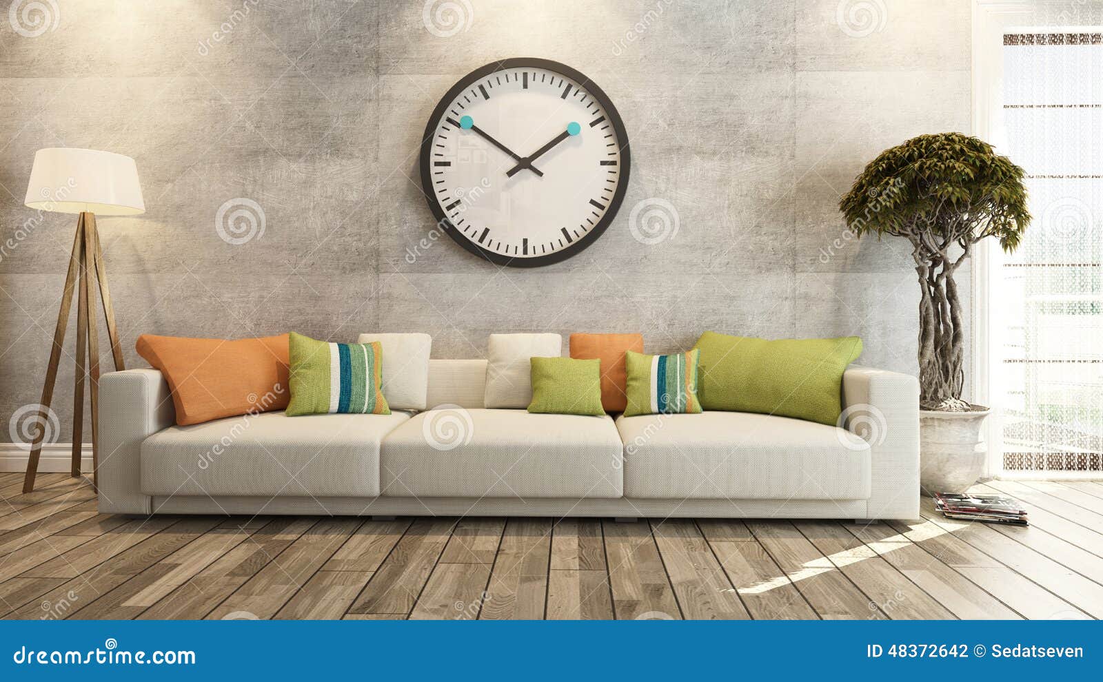 Woonkamer met groot horloge bij het concrete muur 3d teruggeven ... Living muur ruimte oranje ontwerp