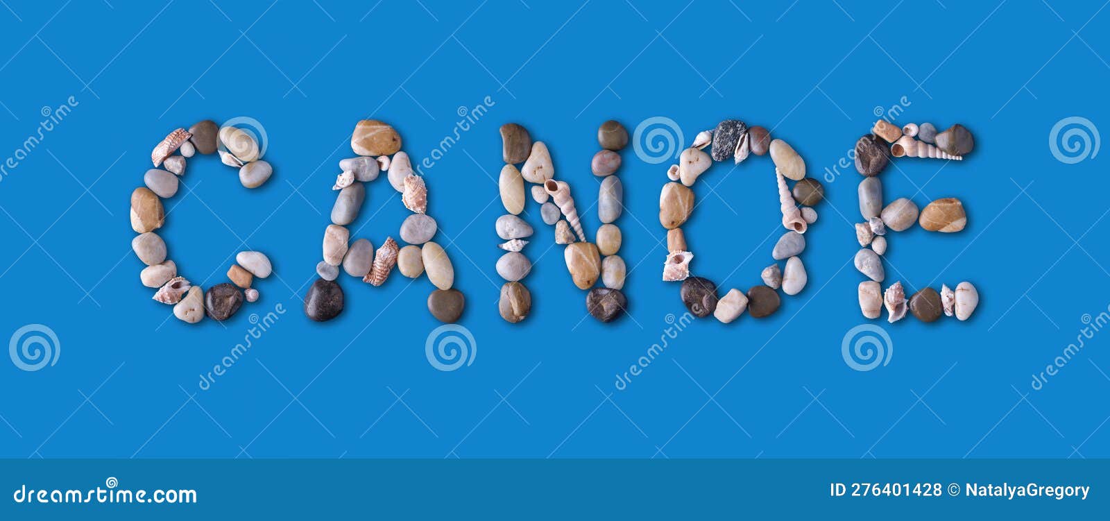 The Word "CANOE" is Lined with Shells and Stones of Different Shapes