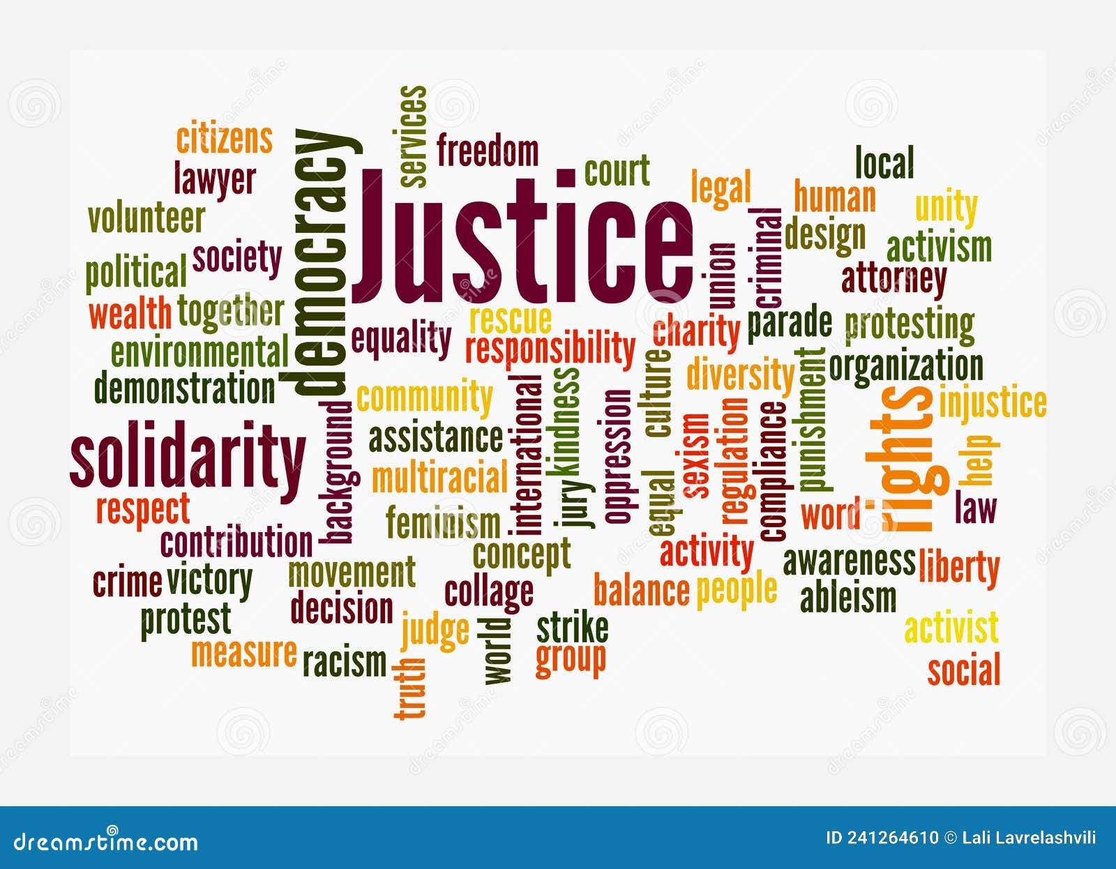 Word Cloud with JUSTICE Concept, Isolated on a White Background Stock