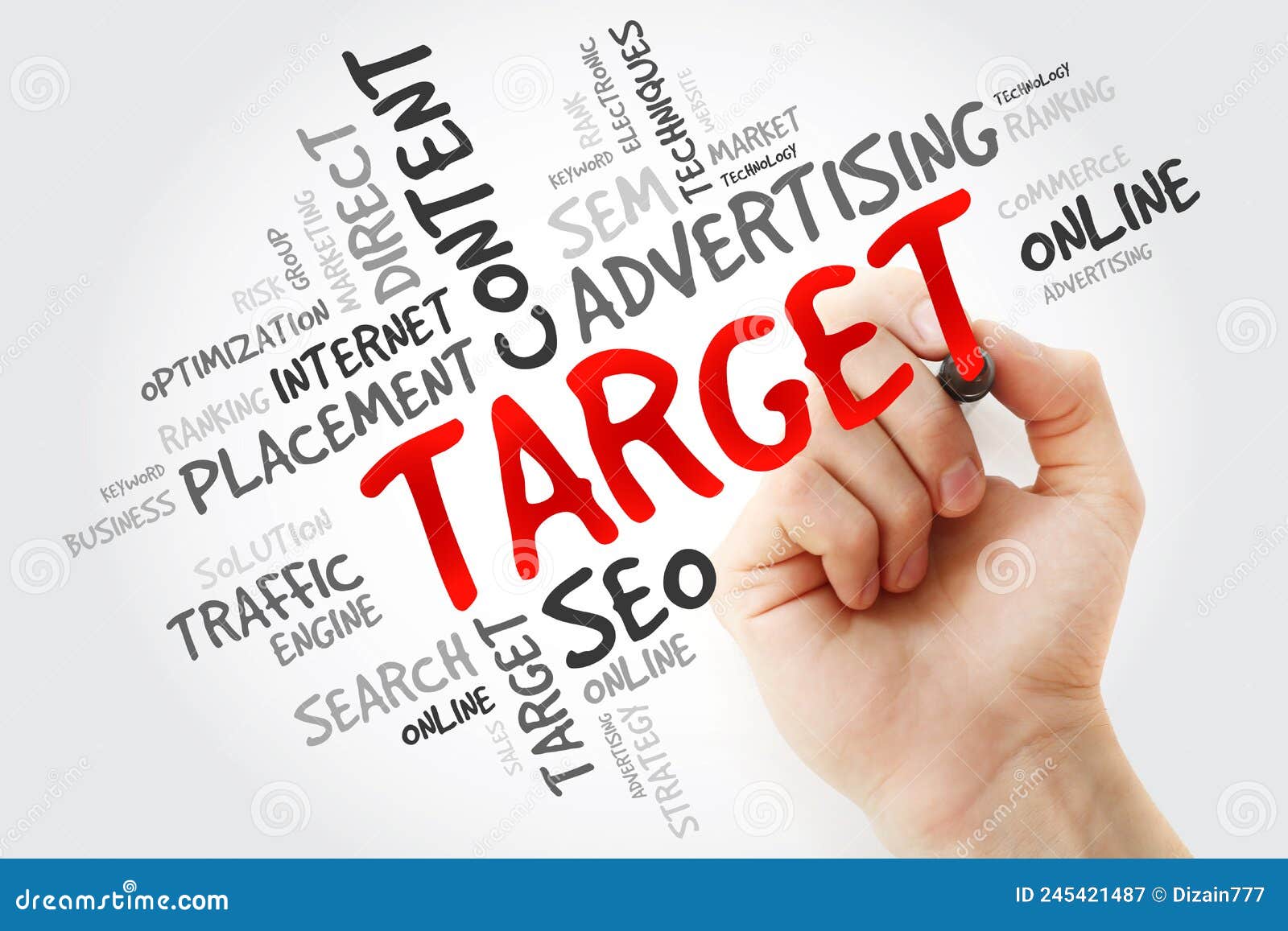 Word Cloud with Target Related Tags with Marker, Business Concept Stock