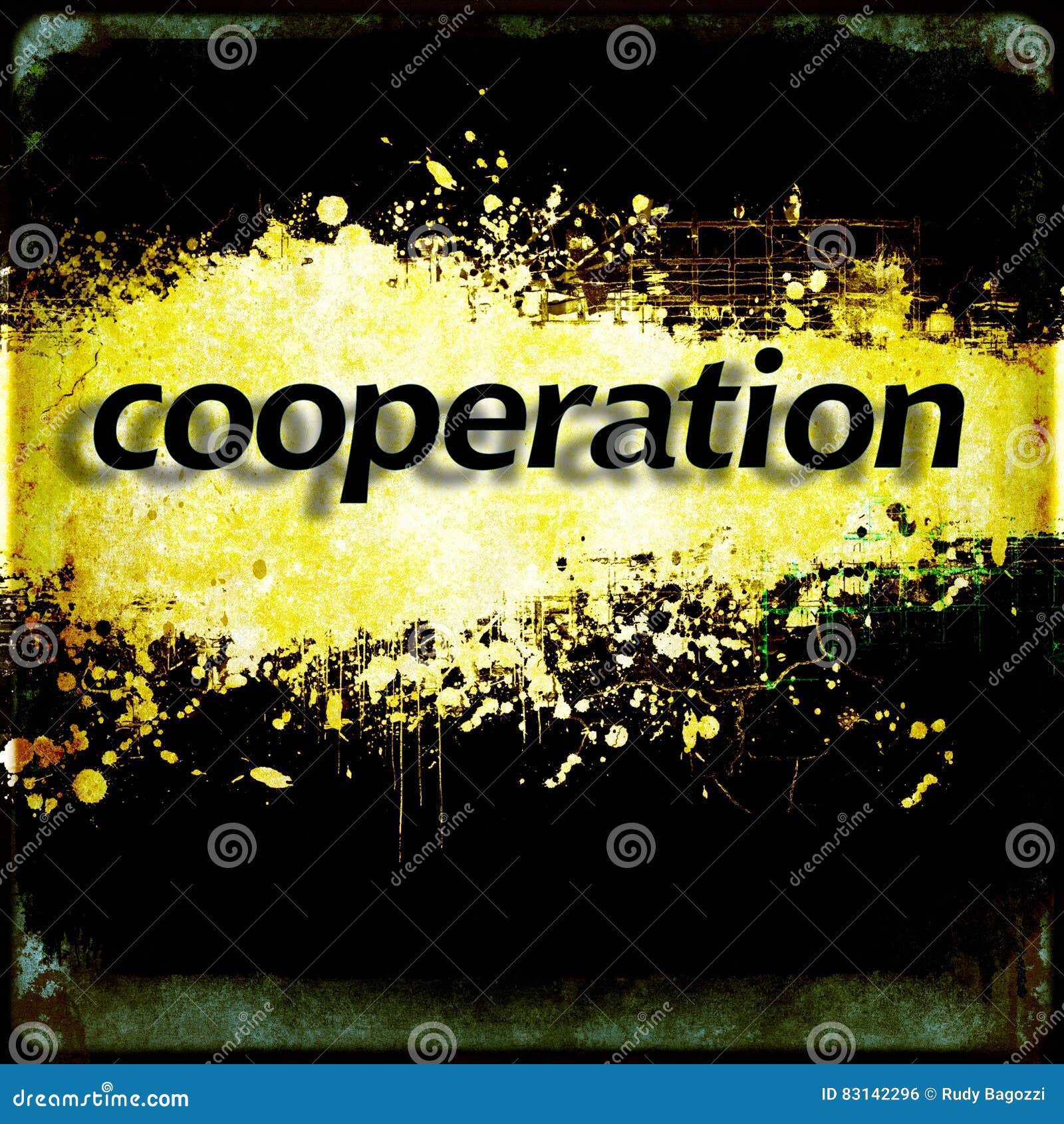 Word `cooperation` on Black and Yellow Grunge Background. Communication