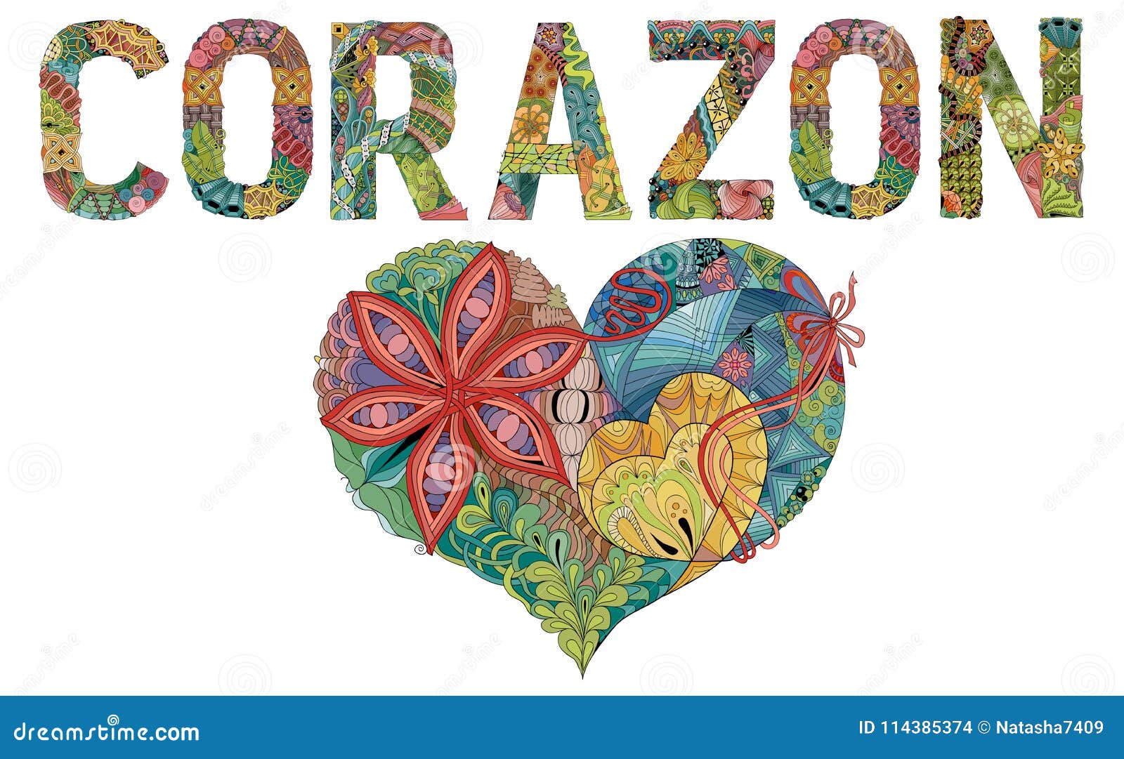 word corazon with  of heart. heart in spanish.  decorative zentangle object