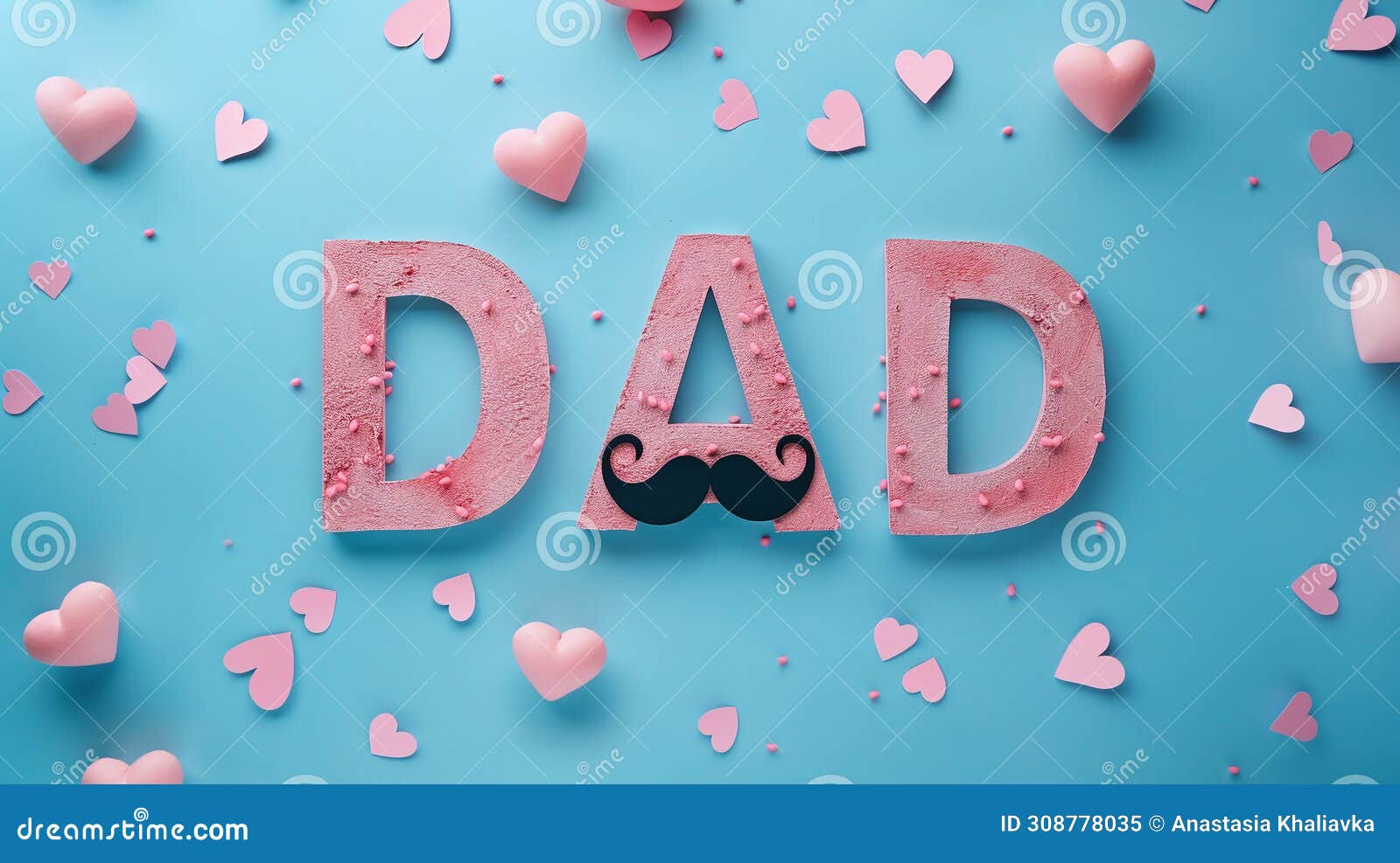 happy father's day. greeting cards, word dad from pink tree on blue one-tone background with hearts