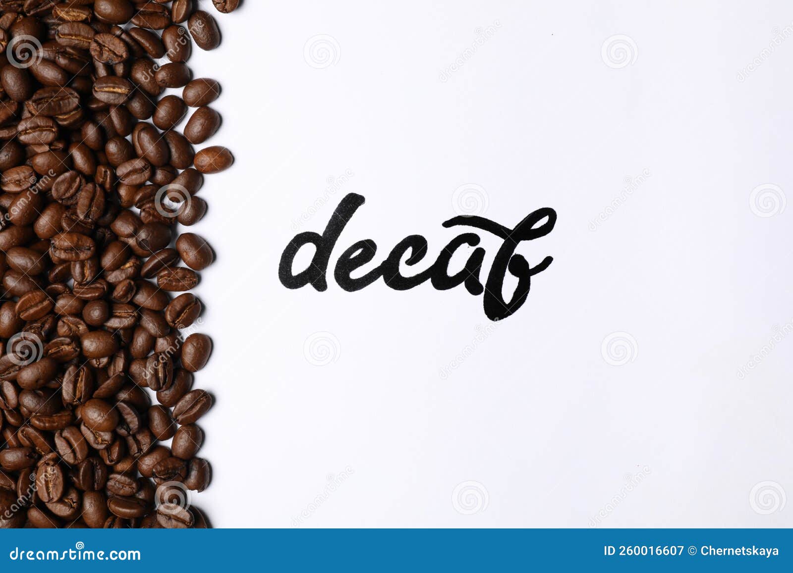 Word Decaf and Coffee Beans on White Background, Top View Stock Image