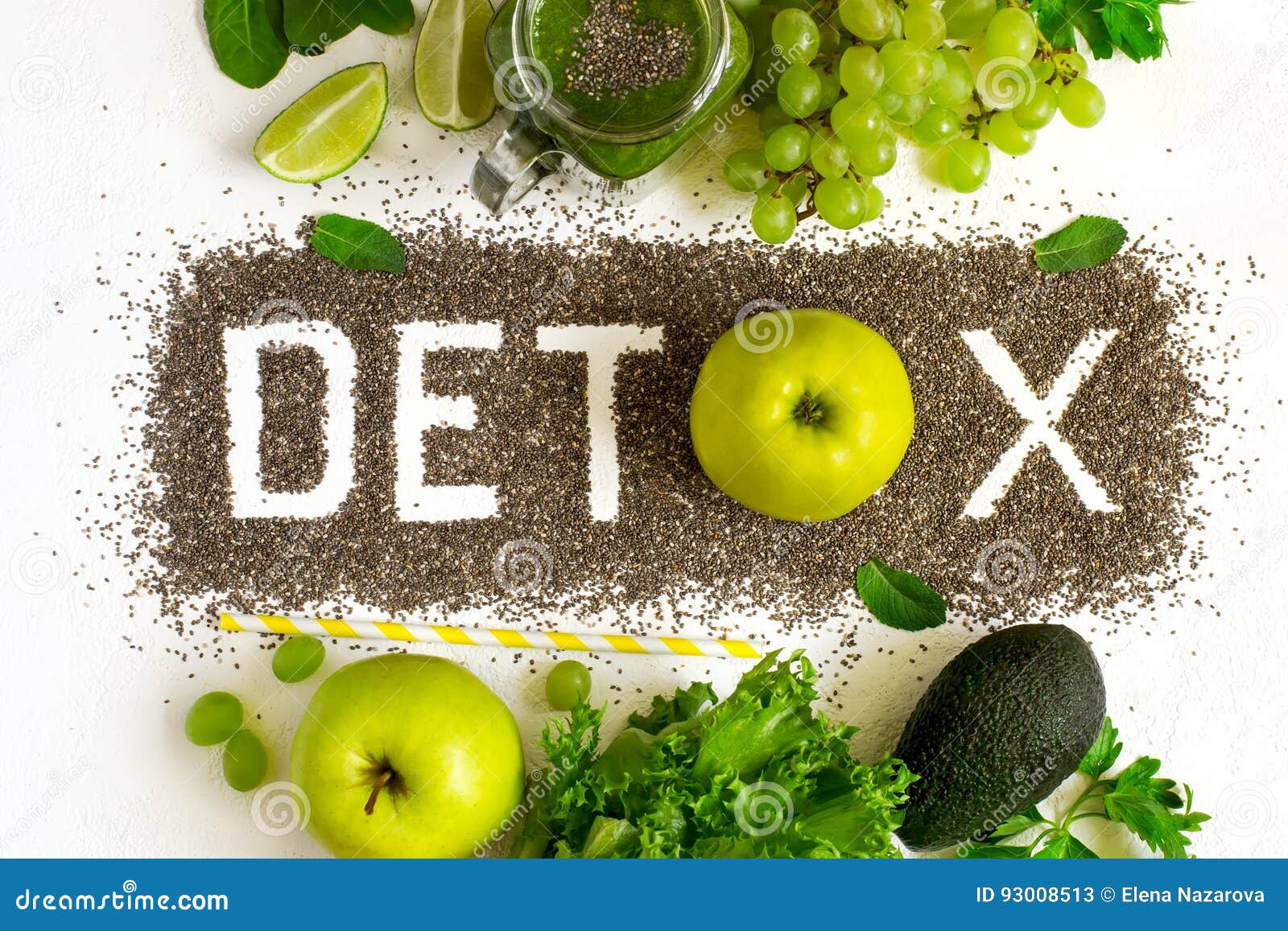 word detox is made from chia seeds. green smoothies and ingredie