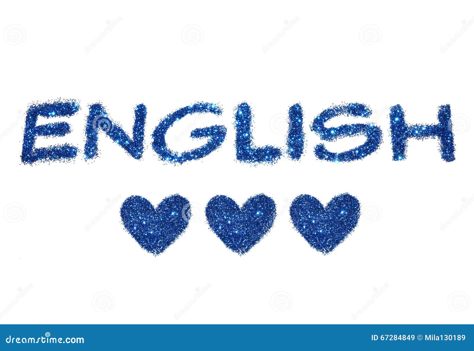 Word English And Three Abstract Hearts Of Blue Glitter On Word English And Three Abstract Hearts Of Blue Glitter On