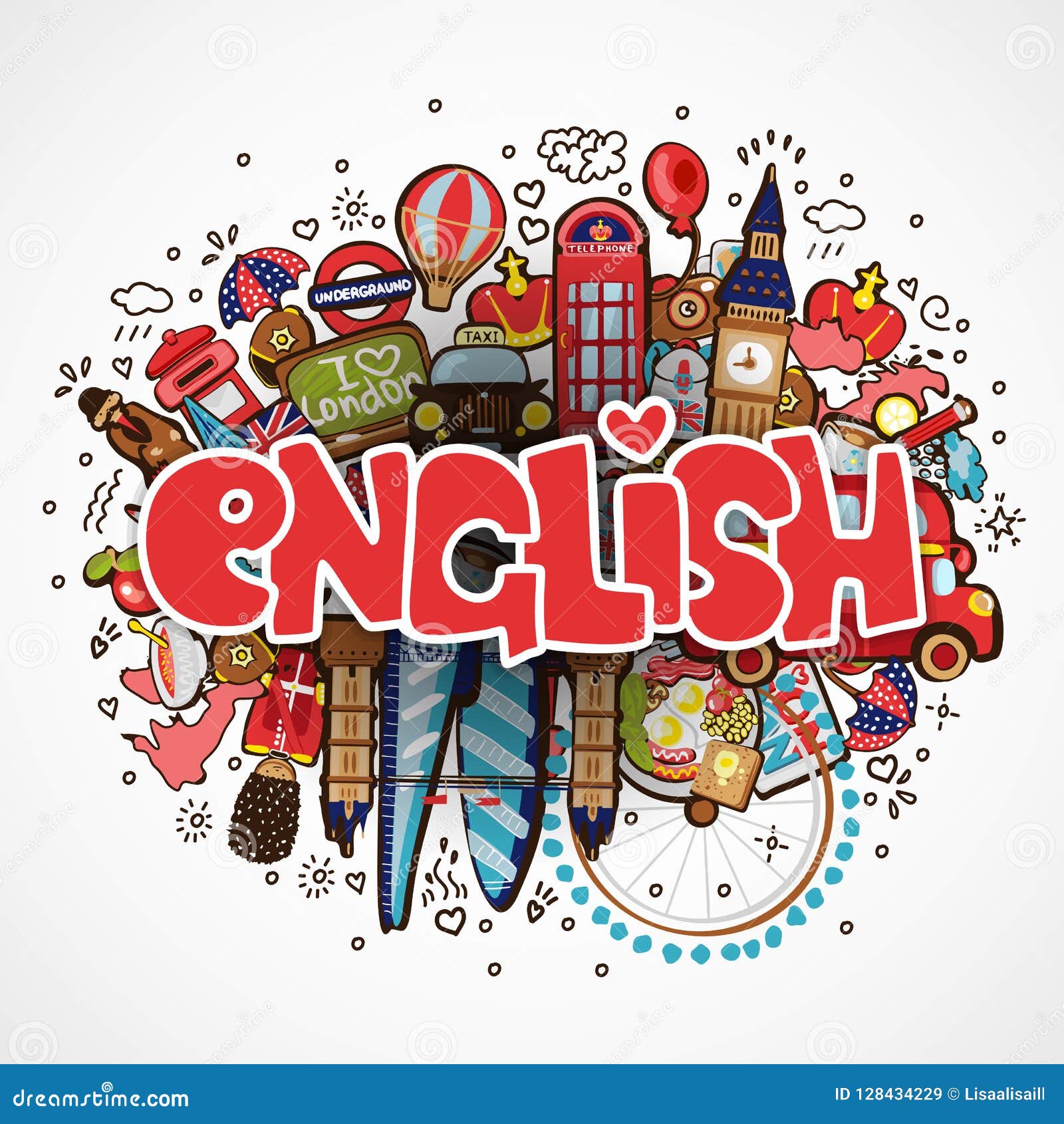 Word ENGLISH  On White Background With England Elements And 