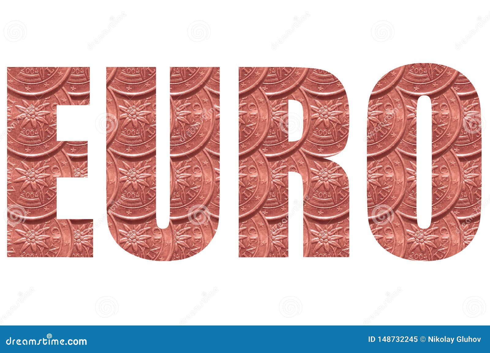 Word `Euro` on White Background, Inside the Letters of a Coin 2 Euro