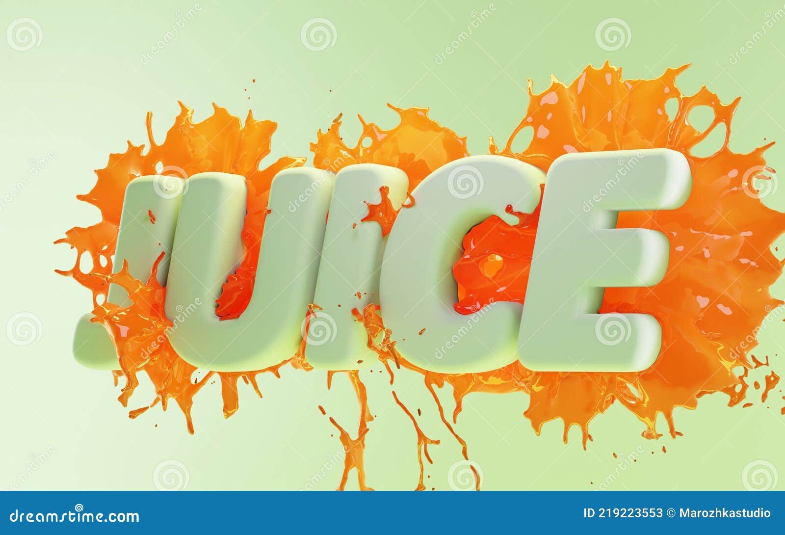 word juice. splash and drops of grapefruit, watermelon or tomato juice on green mint background. font with flow of