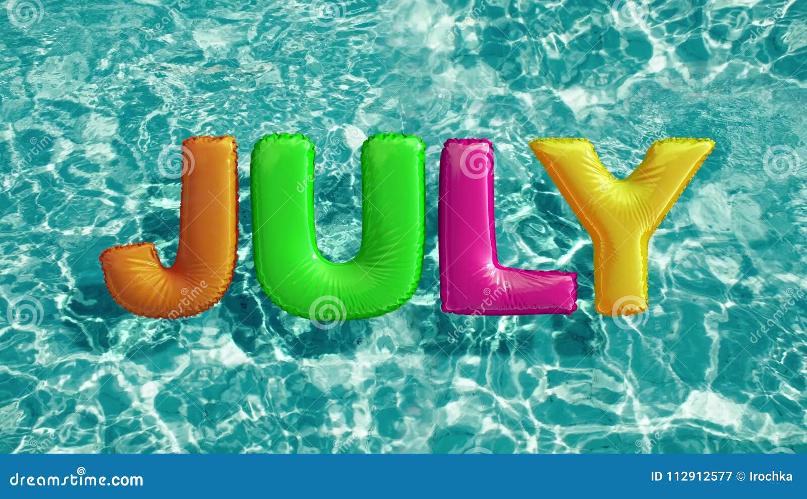 Word JULY Shaped Inflatable Swim Ring Floating In A Refreshing Blue Swimming Pool Stock Image