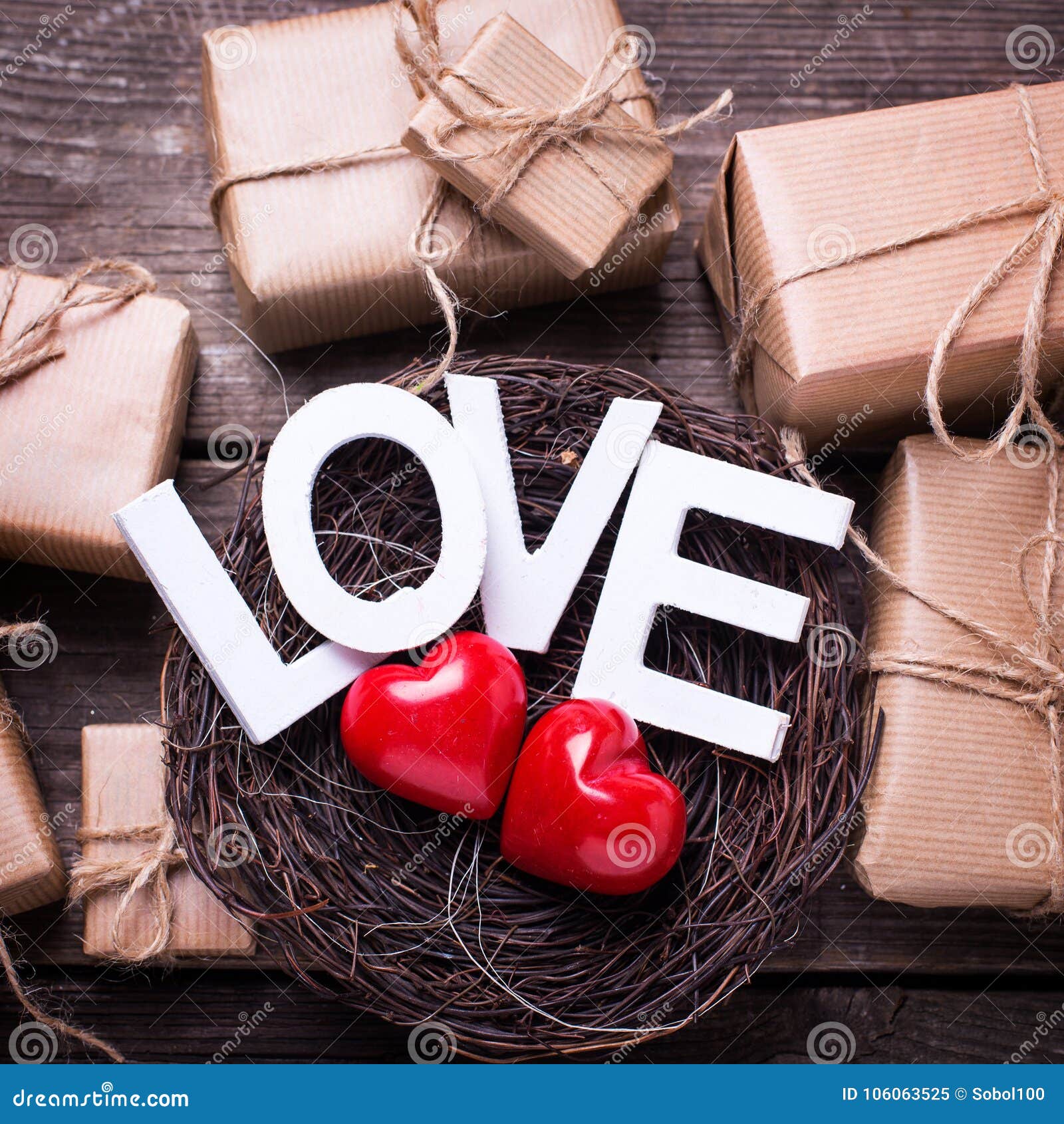 Word Love, Boxes with Presents and Two Heart in Decorative N Stock ...