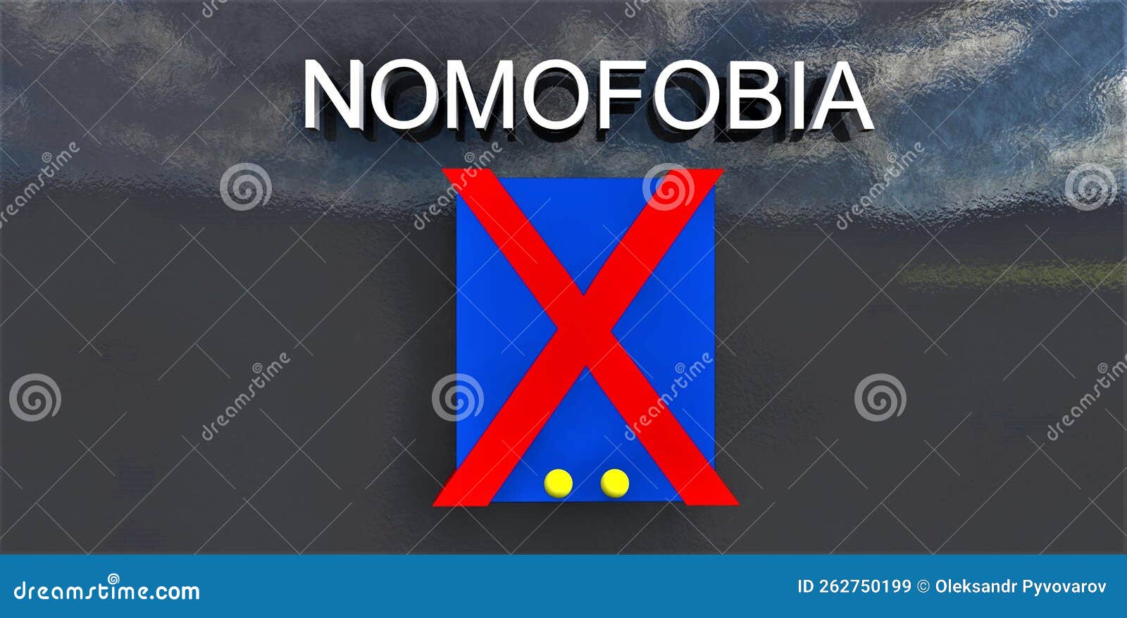 word nomofobia written in whiite on the steel background. screen of the smartphone crossed out by red lines. 3d rendering