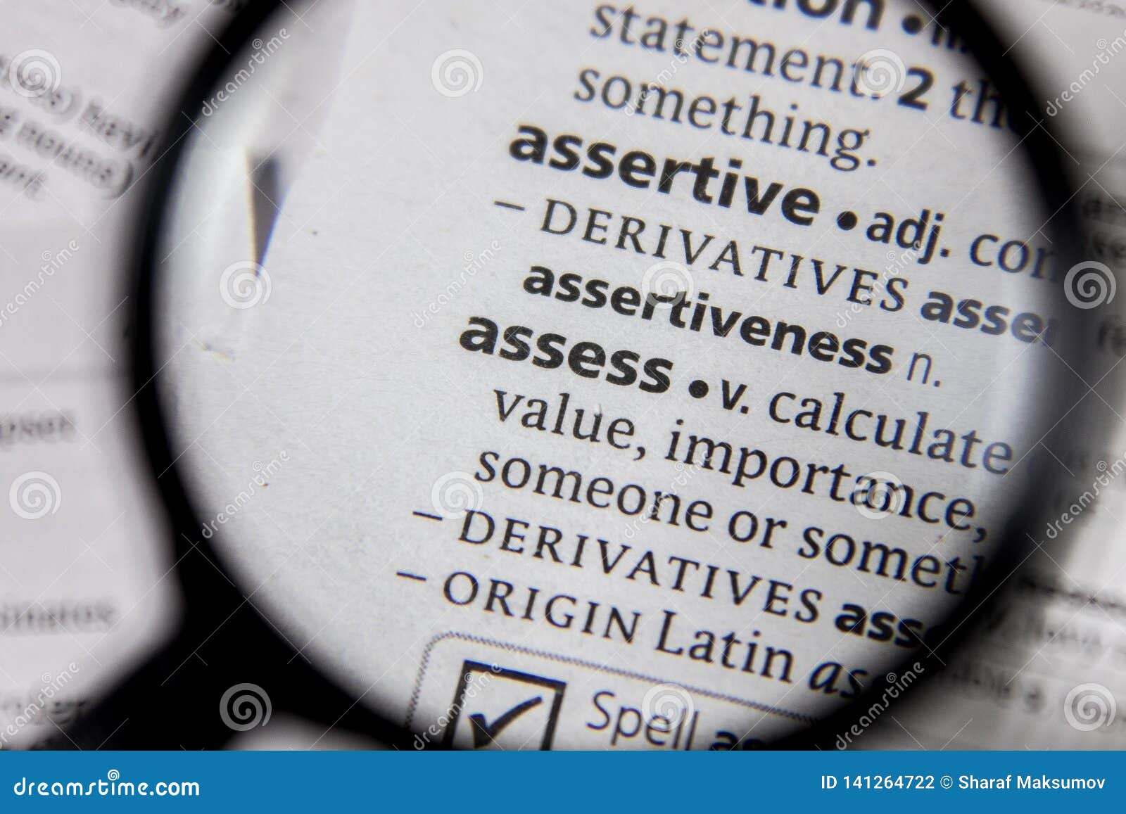 The Word or Phrase Assess in a Dictionary Stock Photo Image of glass