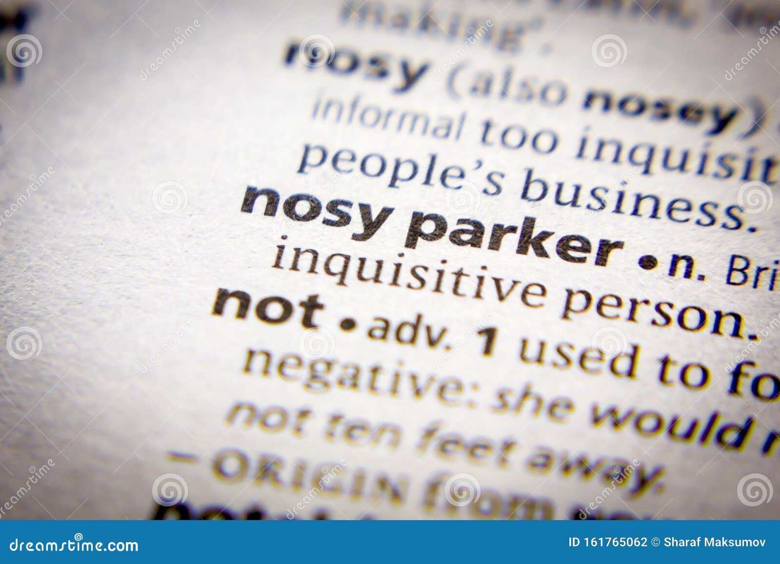 Word or Phrase Nosy Parker in a Dictionary Stock Photo Image of
