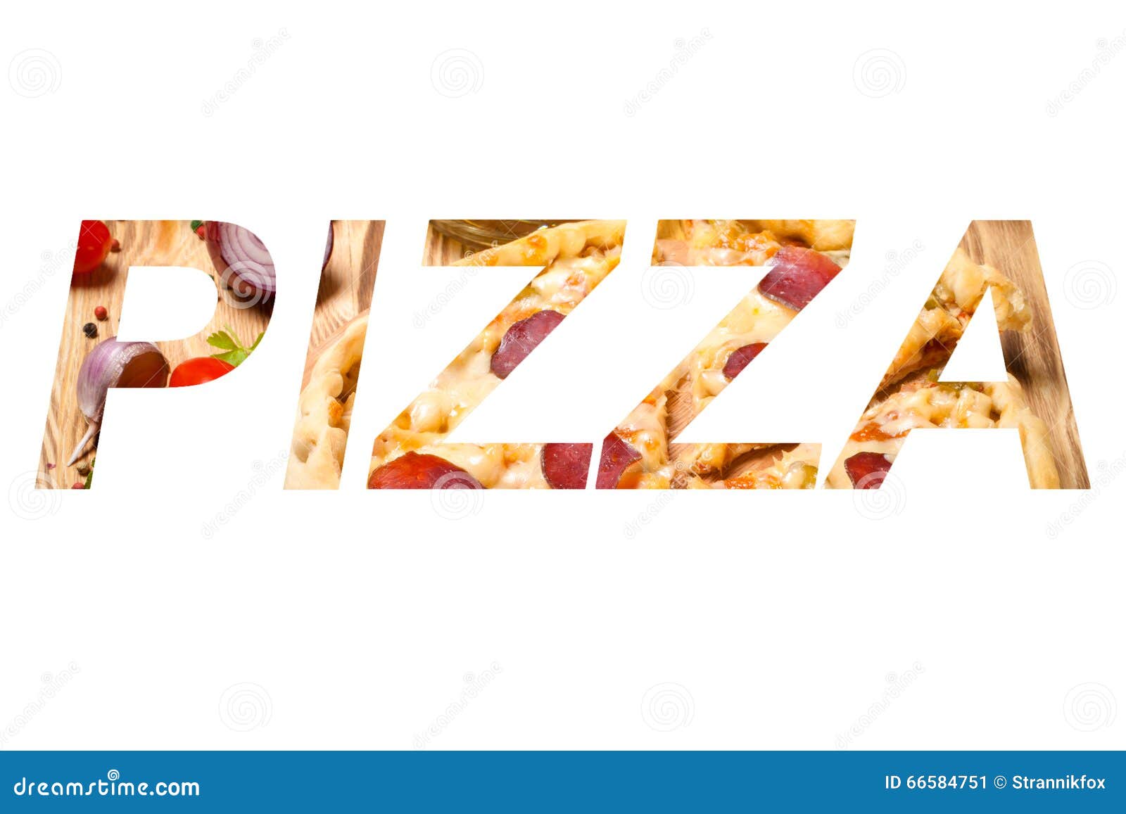 word pizza over prepared pizza with smelted cheese