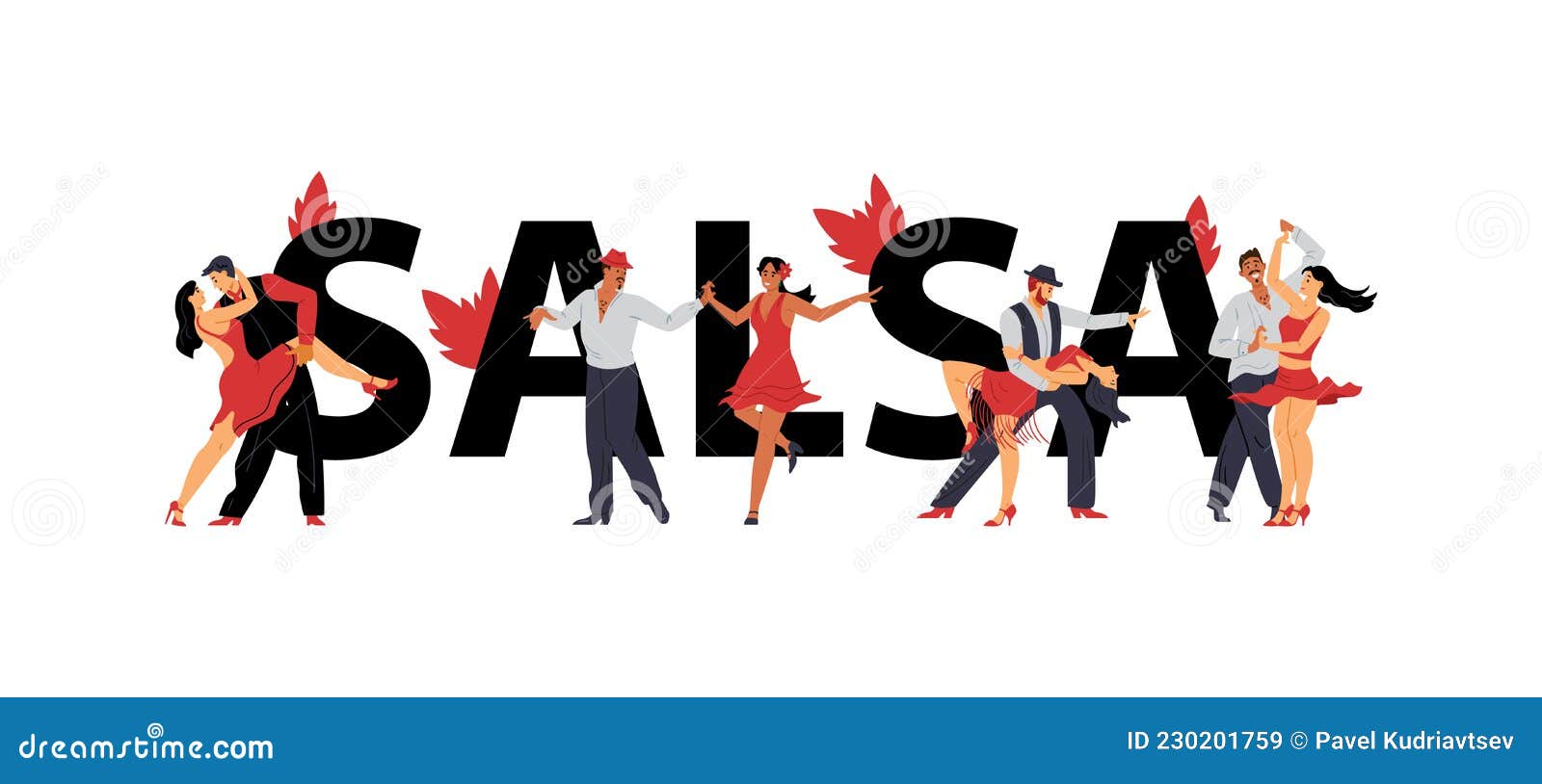 Word Salsa in Big Letters and Men and Women Dancing, Flat Vector