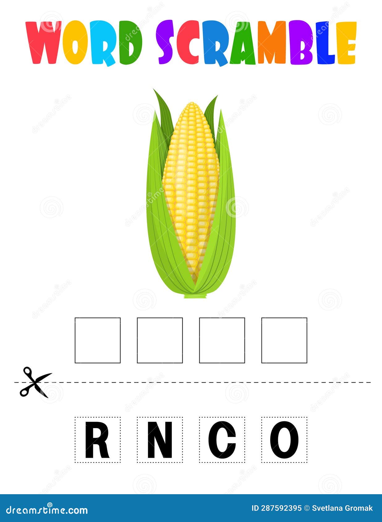 Word scramble. Corn stock vector. Illustration of kids 287592395