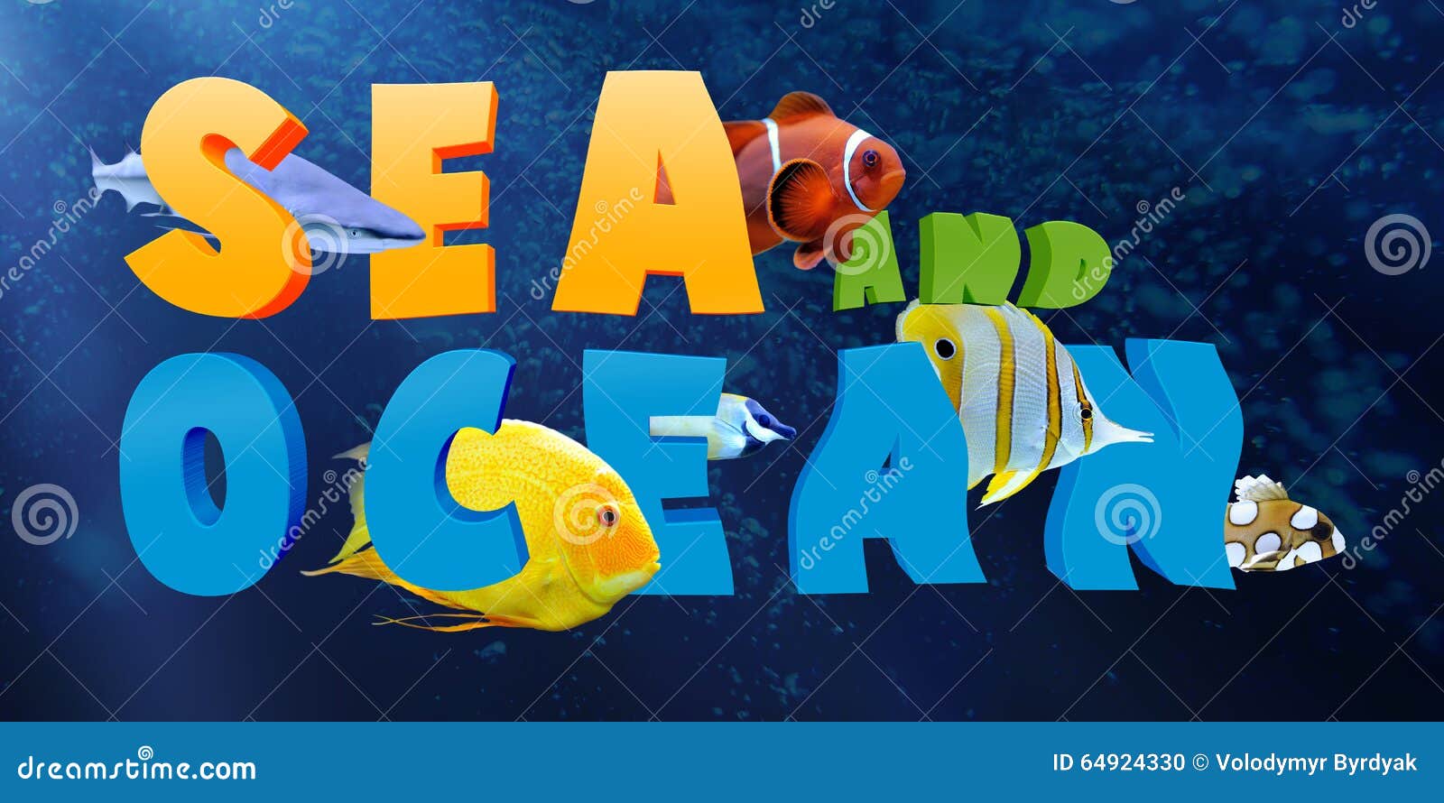Word SEA AND OCEAN With Many Tropical Fish Stock Photo