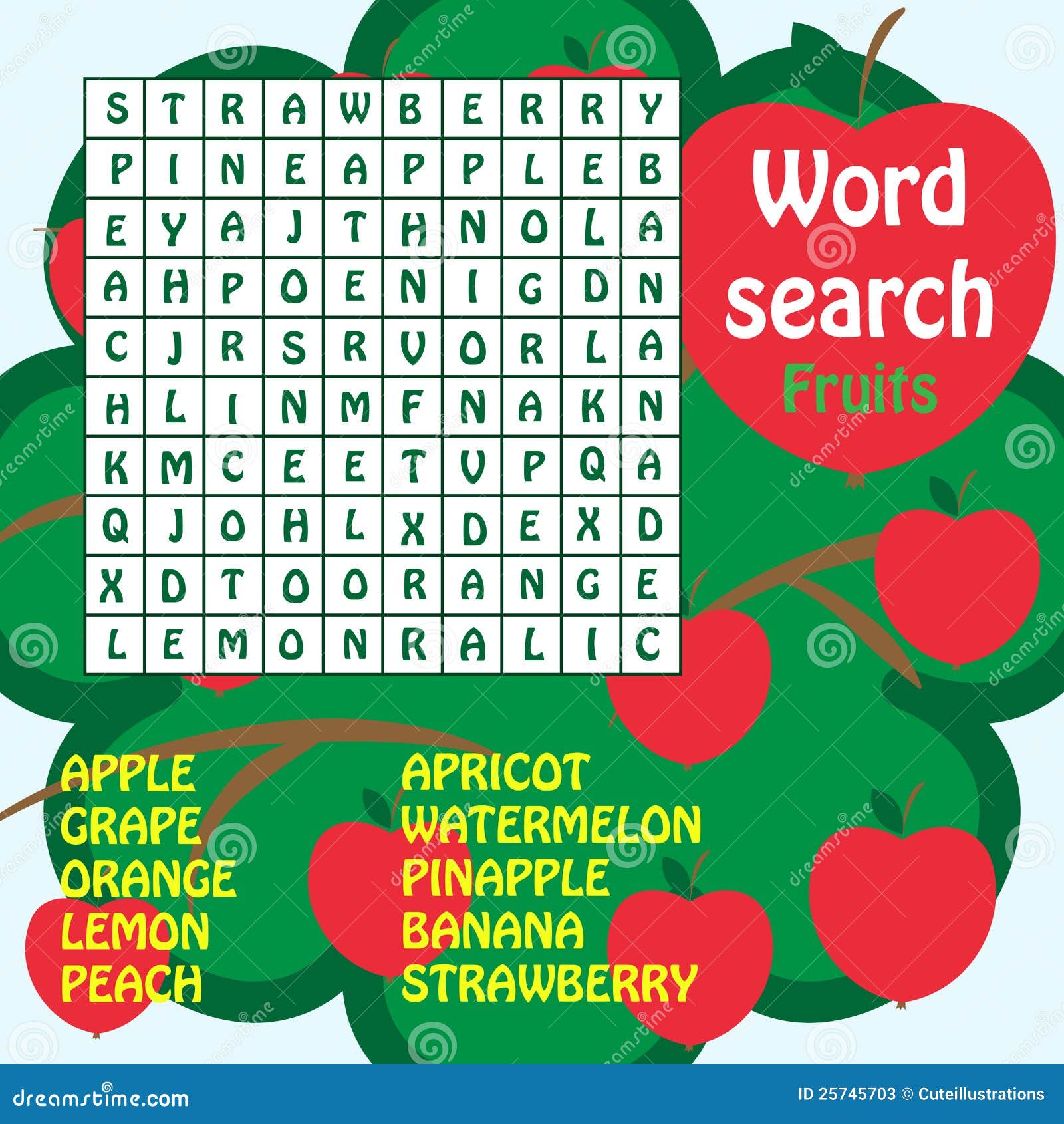 word search game. fruits