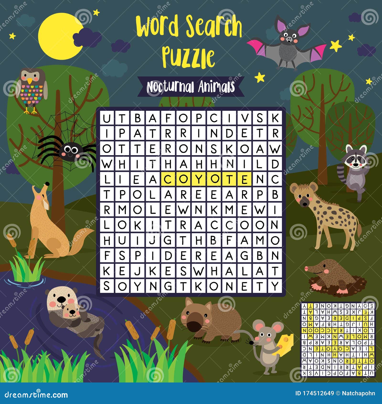 Word Search Puzzle Nocturnal Animals Stock Vector - Illustration of  character, search: 174512649