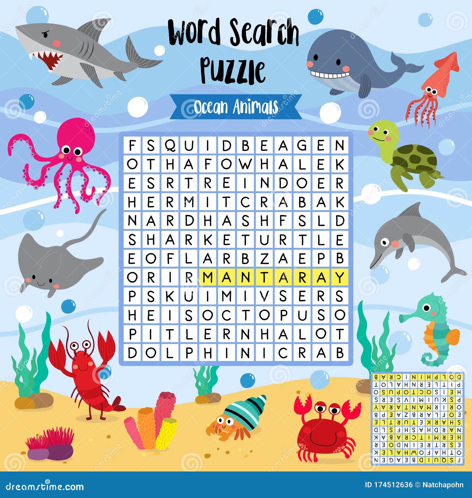 Word Search Puzzle Ocean Animals Stock Vector - Illustration of crab, quiz:  174512636