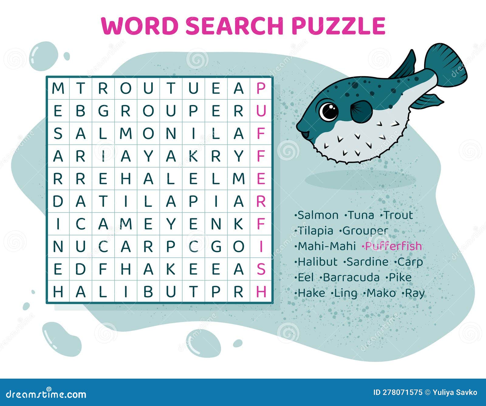 Word Search Puzzle. Crossword With Various Fish. Cartoon Vector