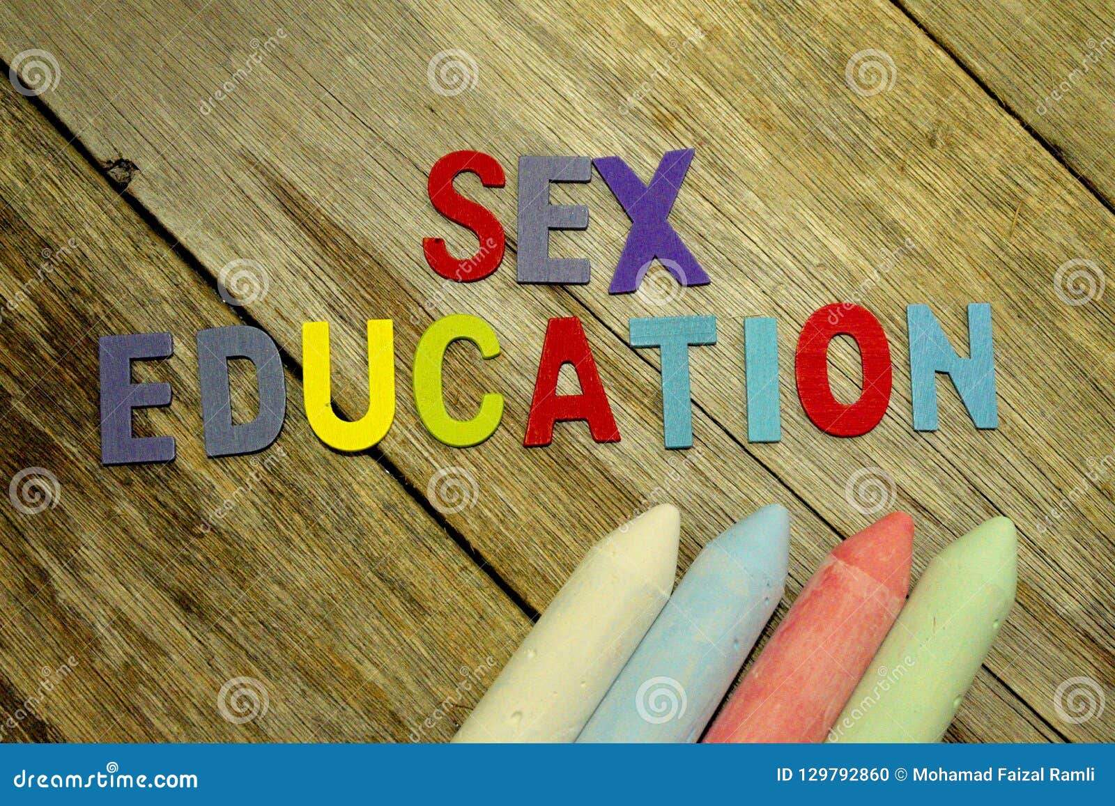 Word Sex Education Colorful Wooden Alphabet Letters Set And Chalks On