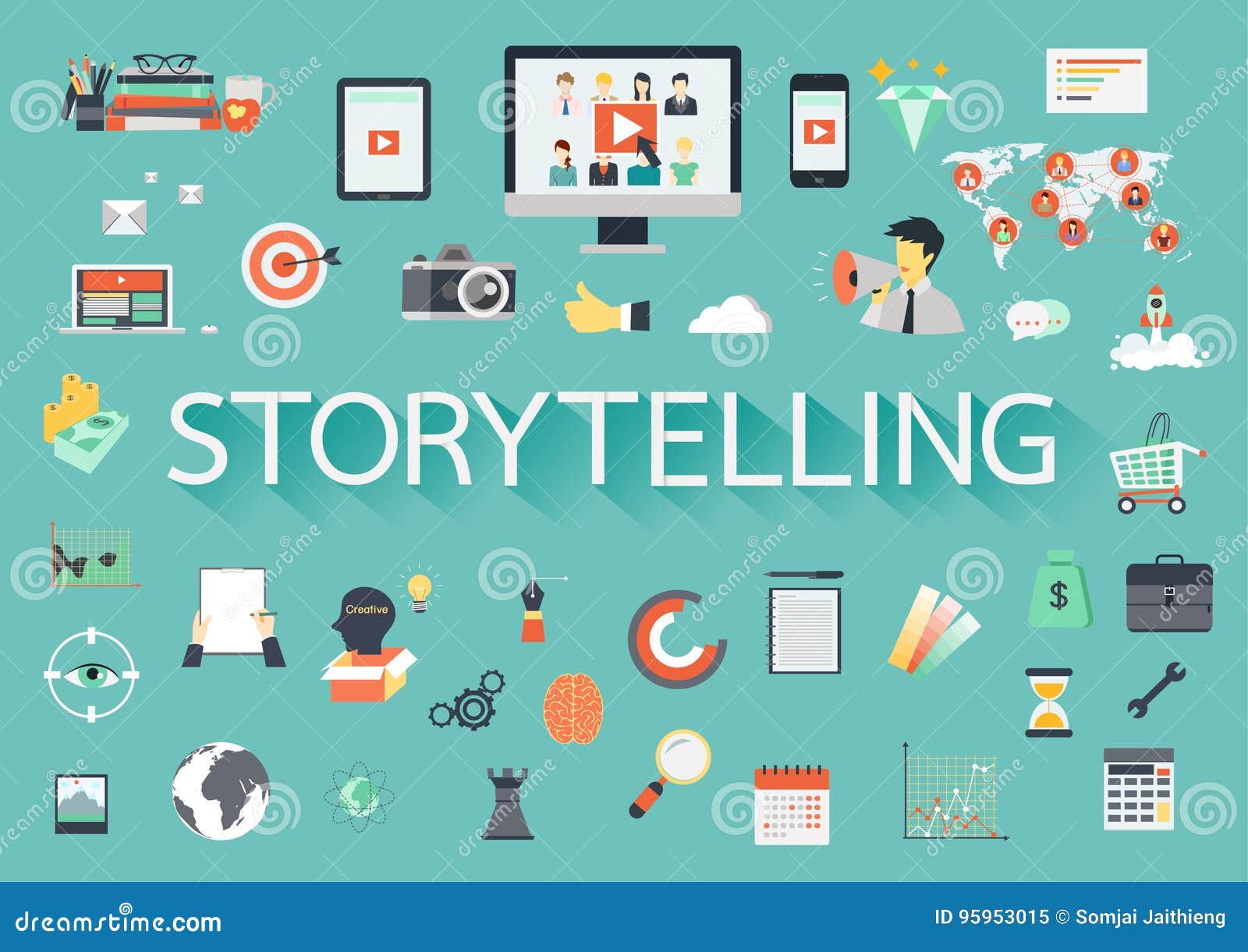 the word storytelling with ling shadow surrounded by concerning flat icons.  