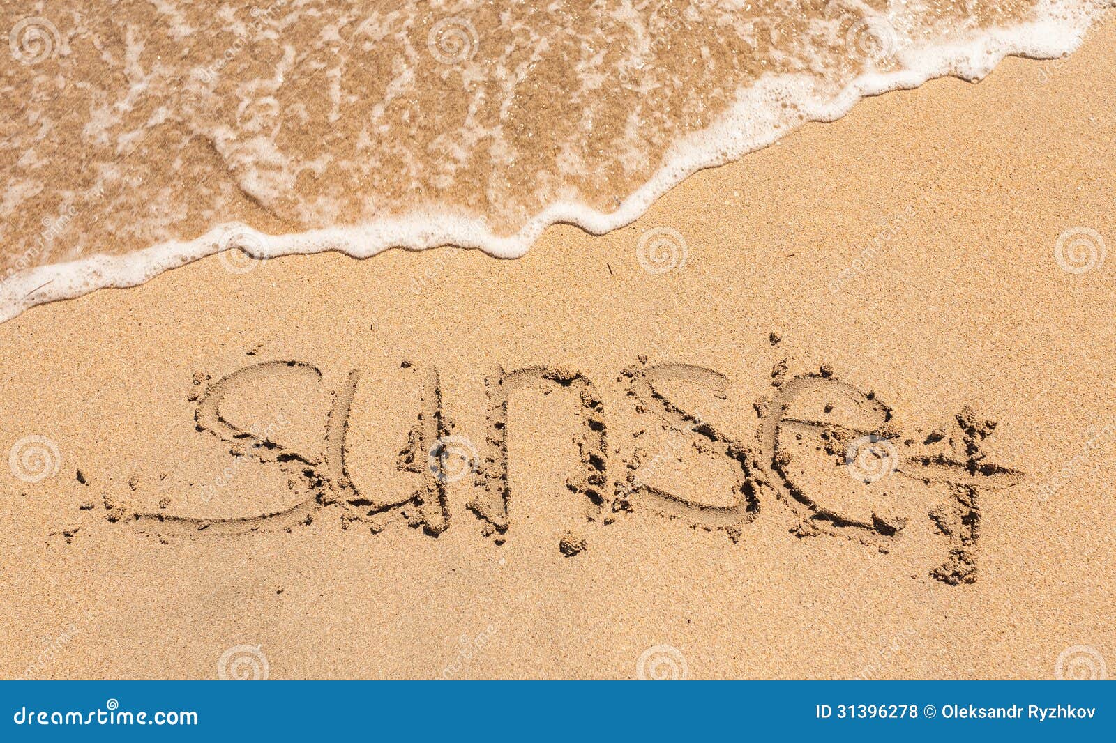 Word Sunset Written in the Sand Stock Photo - Image of sand, design