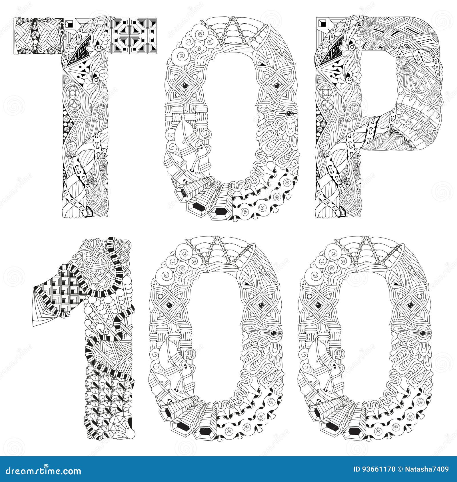 word top 100 for coloring.  decorative zentangle object